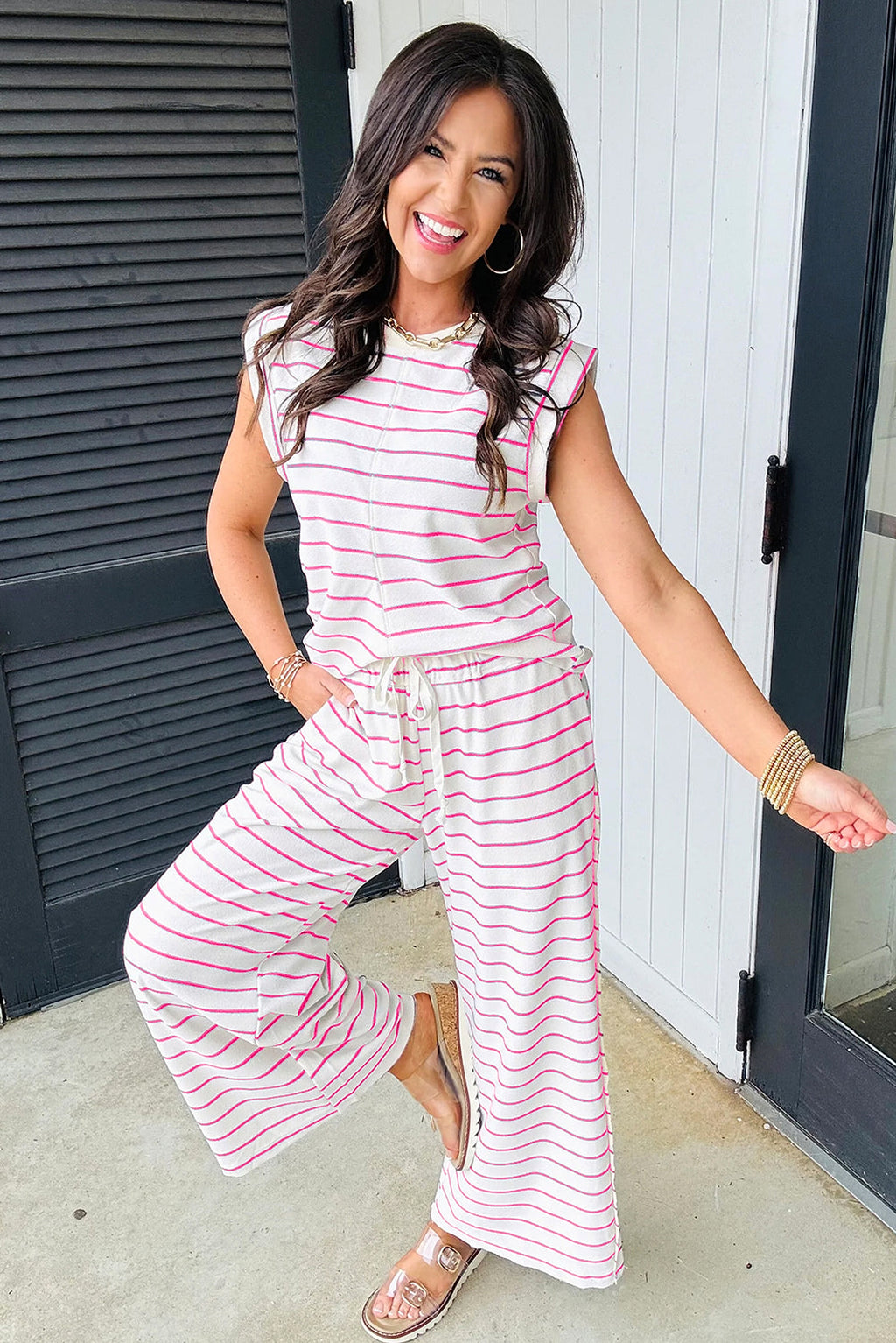 Rose Stripe Casual Wide Leg 2pcs Pants Set - enhanced image 3