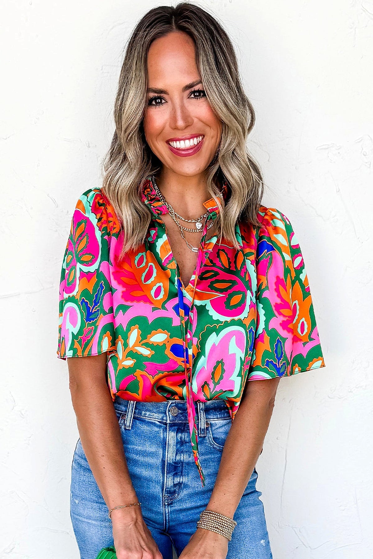 Rose Summer Plant Print Lace up V Neck Short Sleeve Blouse - enhanced image 3