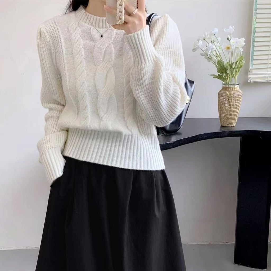 Round Neck Lantern Sleeve Cable-knit Sweater - enhanced image 3