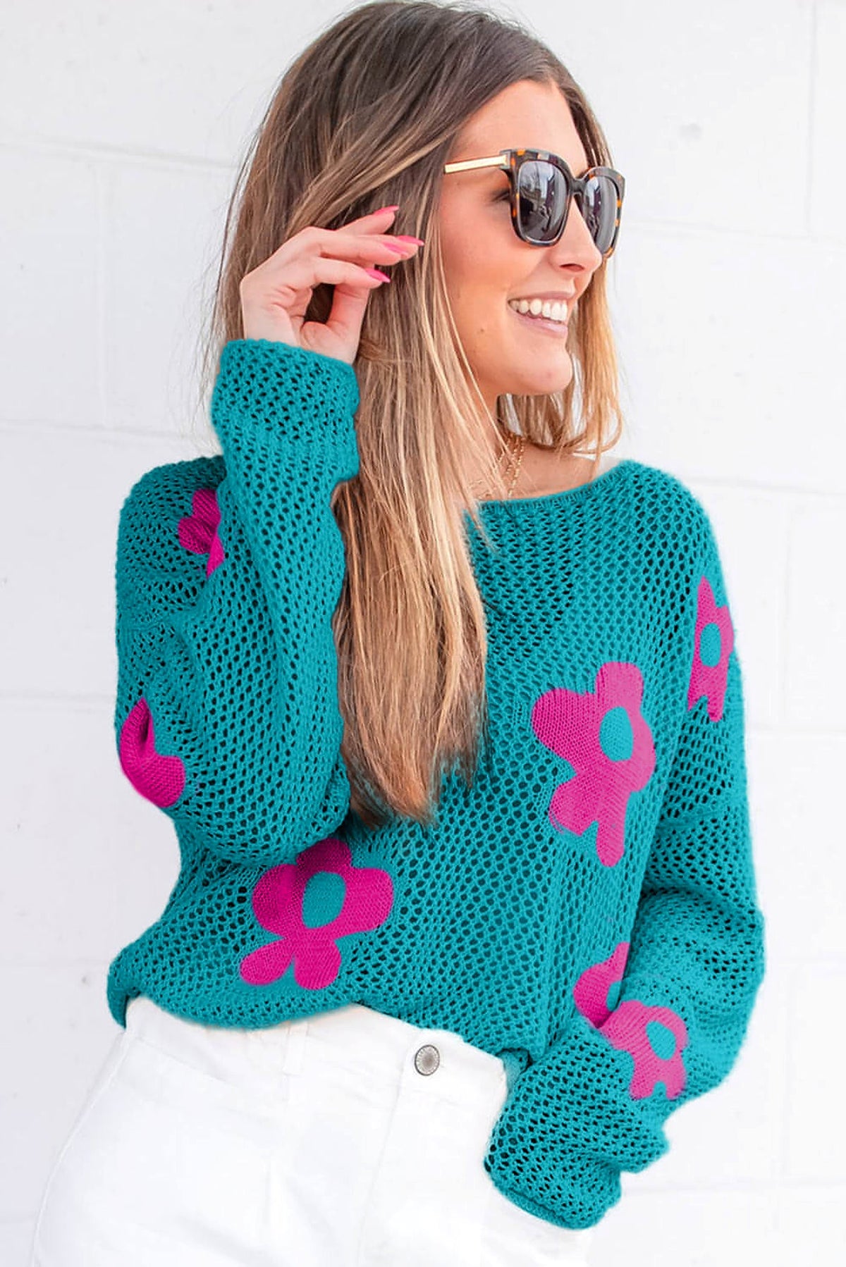 Sea Green Big Flower Hollowed Knit Drop Shoulder Sweater - enhanced image 3