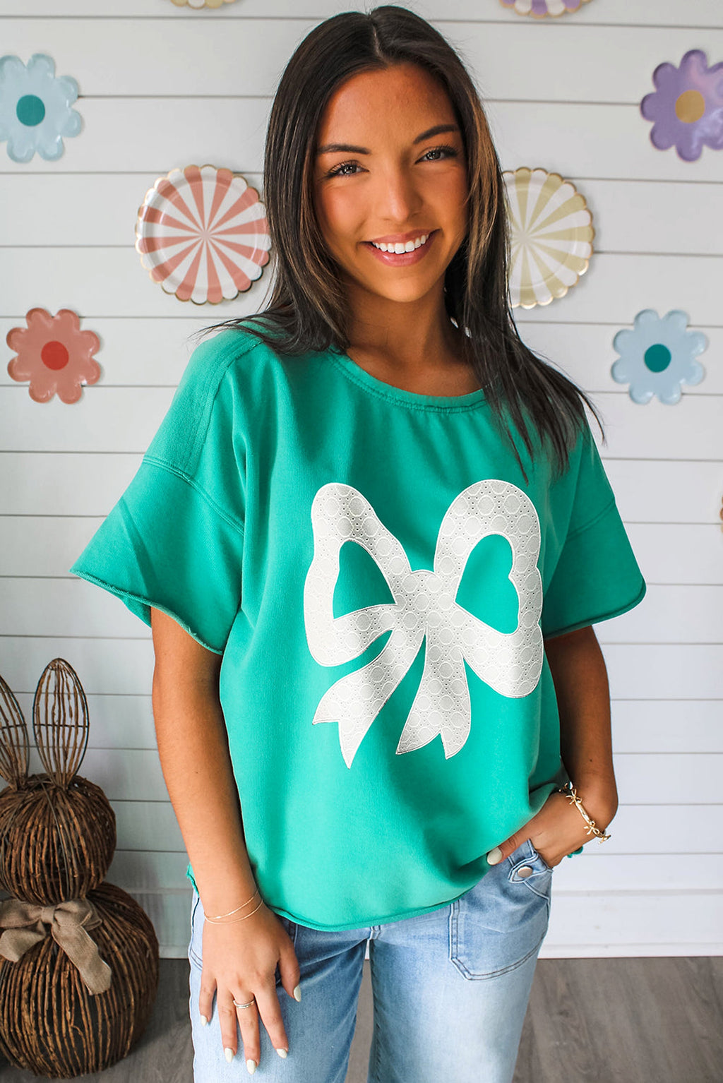 Sea Green Lace Bow Raw Edge Drop Shoulder Casual T Shirt - enhanced image 3