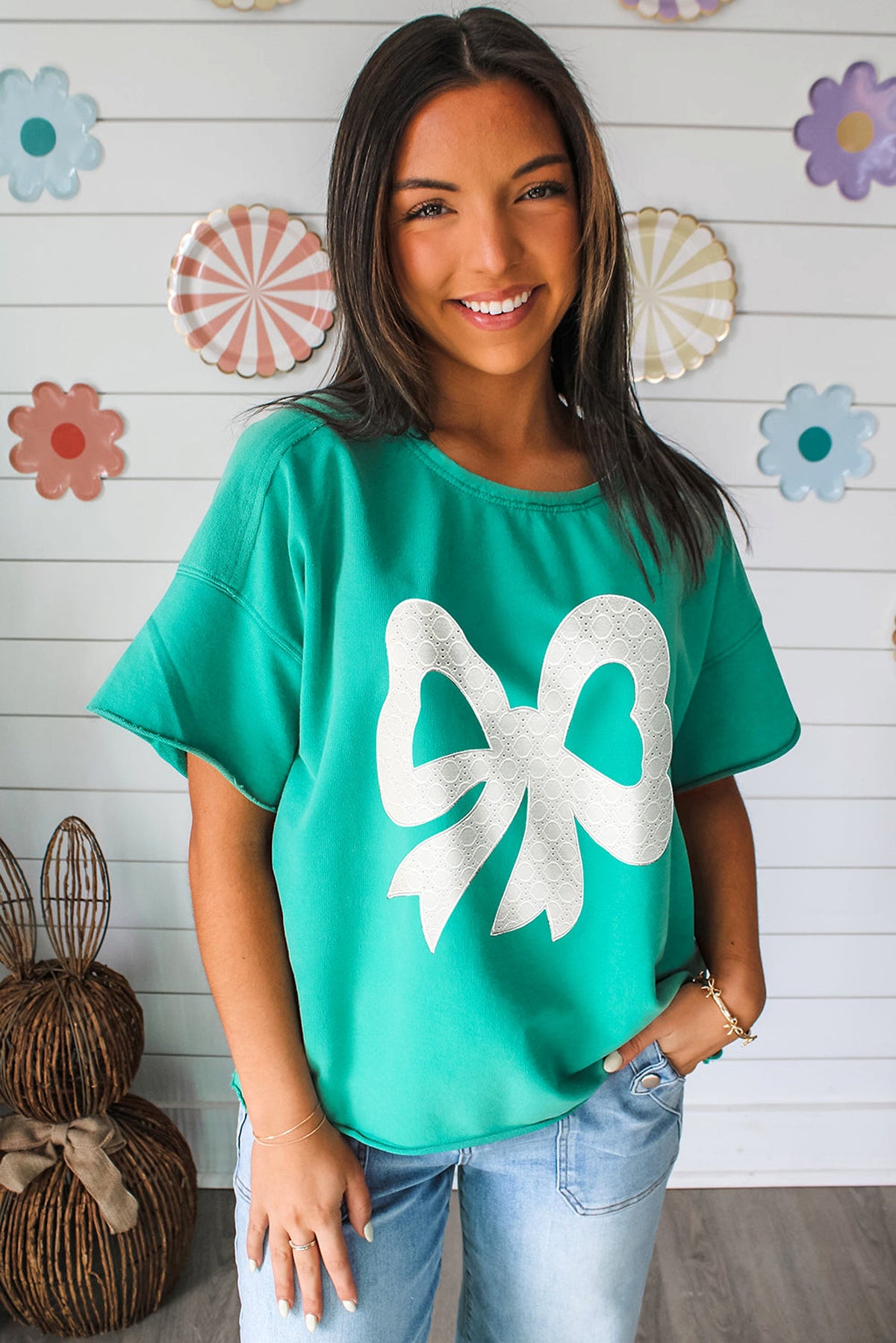Sea Green Lace Bow Raw Edge Drop Shoulder Casual T Shirt - enhanced image 3