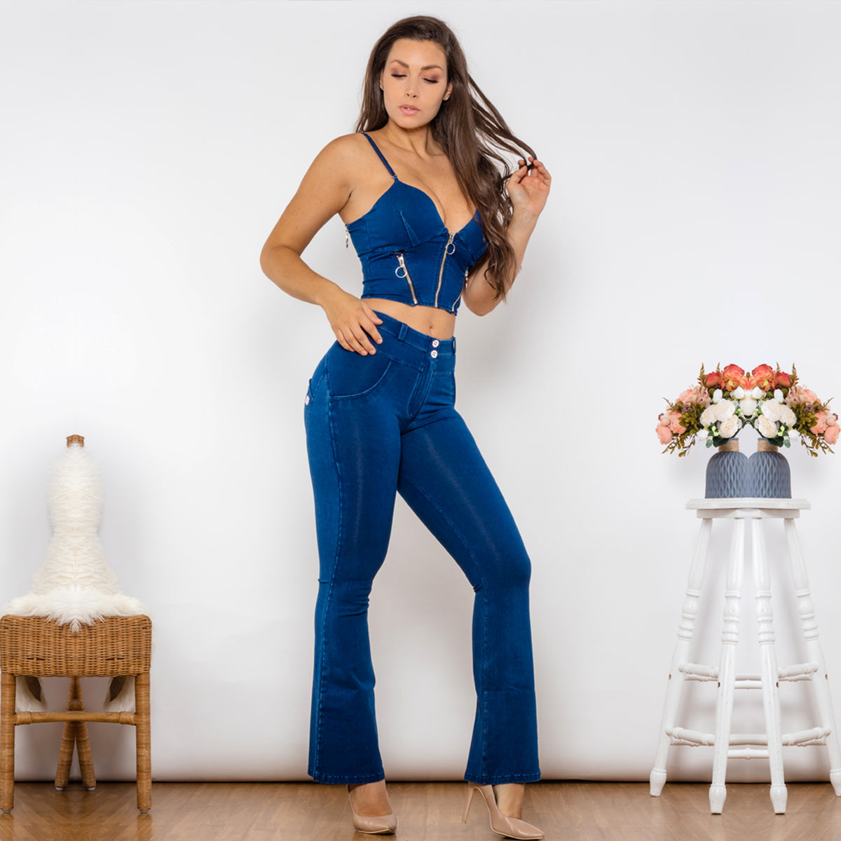 Shascullfites Shaper Set Dark Blue Bodysuit Zipper Push Up Top Middle Waist Flare Jeans Women Two Piece Clothes For Women - enhanced image 3
