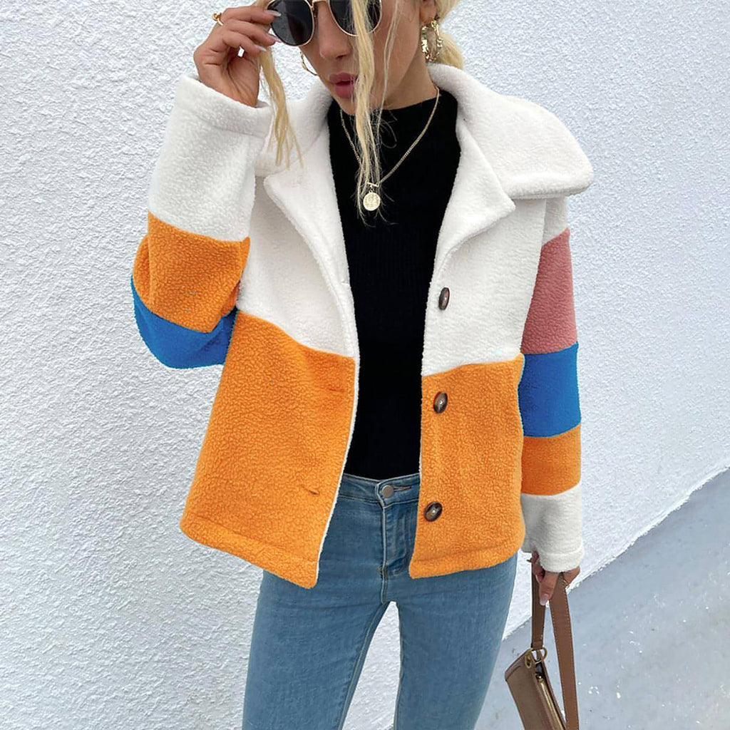 Shiny Color Block Button Down Collared Jacket - enhanced image 3