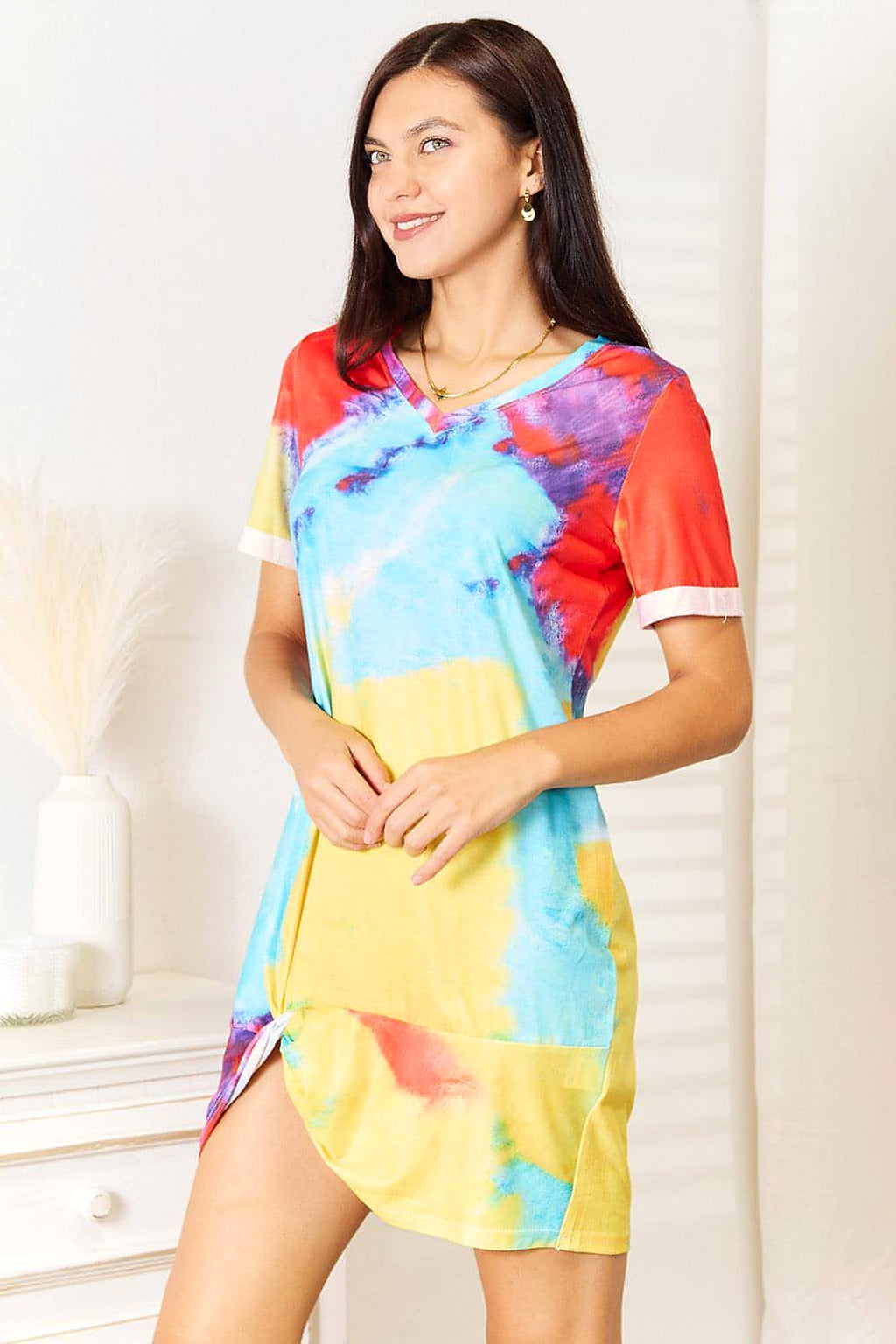 Shiny Tie-Dye V-Neck Twisted Dress - enhanced image 3