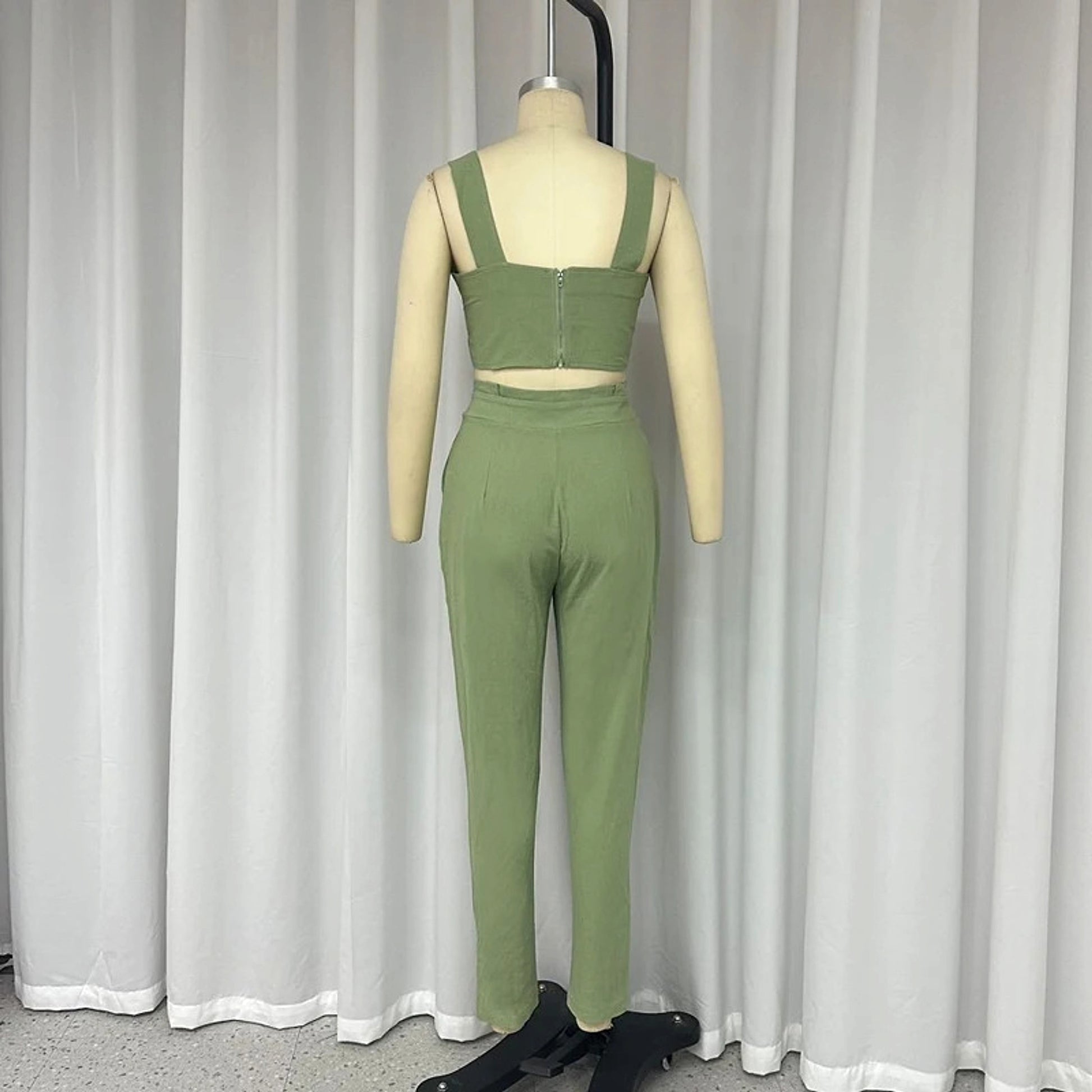 Short Crop-top Spaghetti-strap Top High Waist Trousers Two-piece Set - enhanced image 3