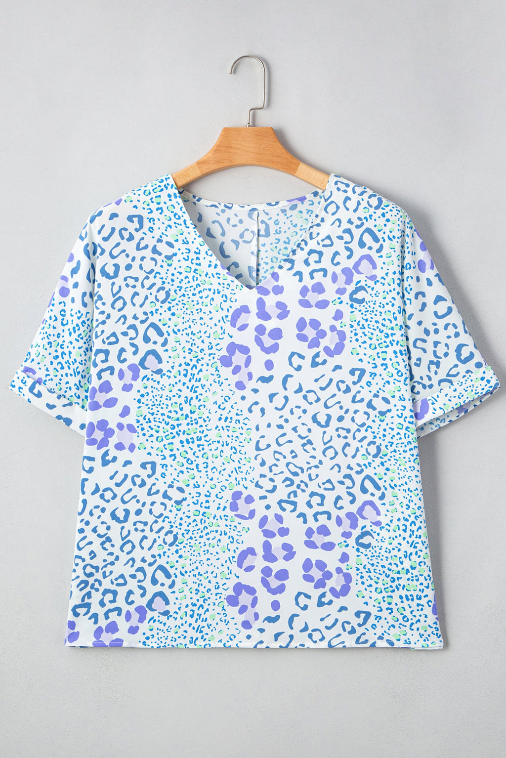 Sky Blue Leopard Print Short Sleeve V Neck Plus Size Top - enhanced image 3