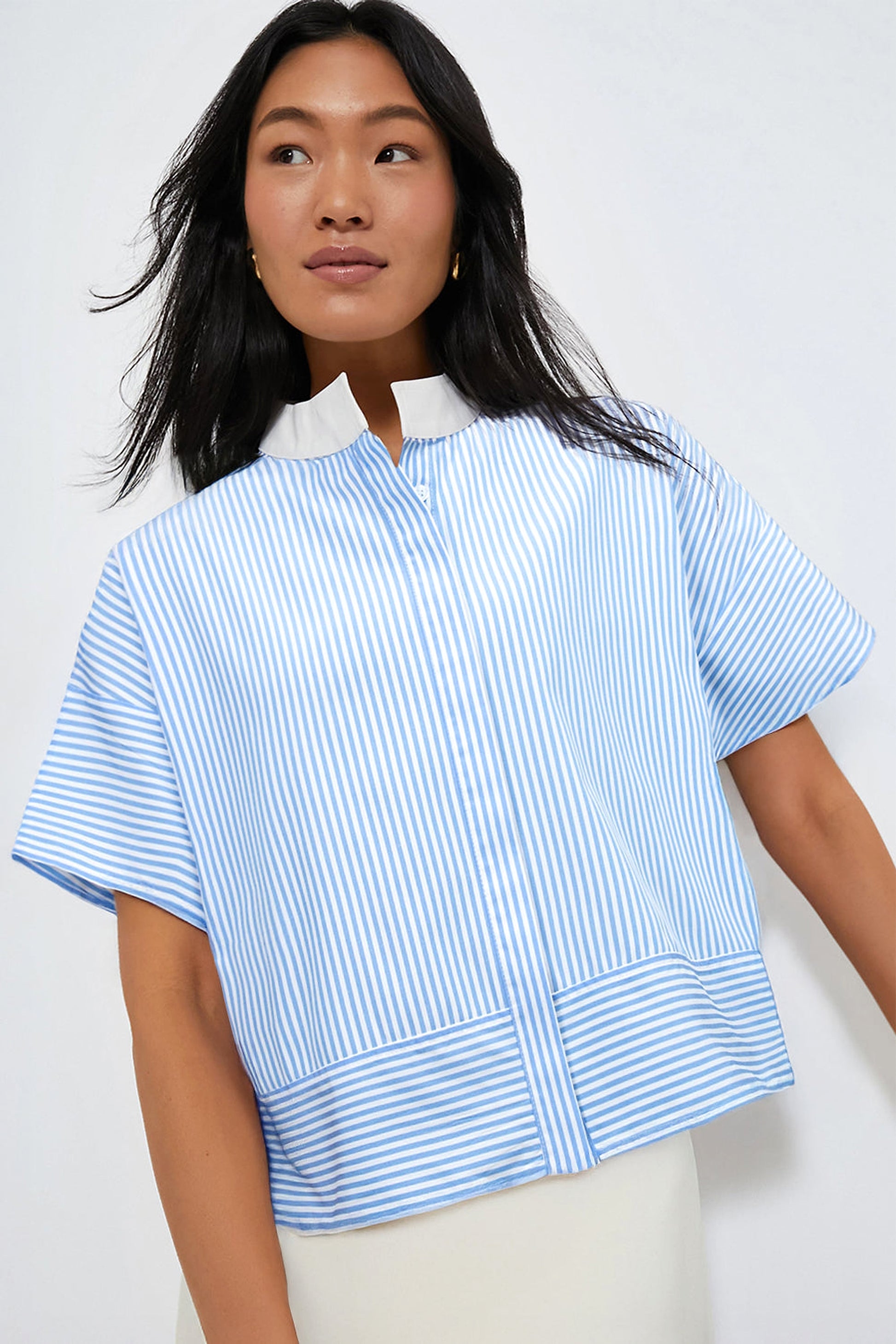 Sky Blue Stripe Contrast Collar Patchwork Hidden Button Short Sleeve Summer Shirt - enhanced image 3
