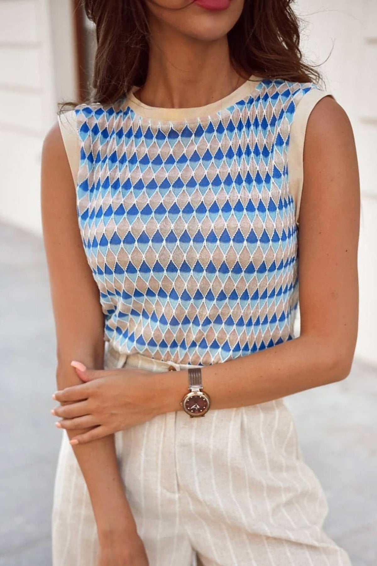 Sky Blue Stripe Geometric Print Round Neck Slim Fit Sweater Vest - enhanced image 3