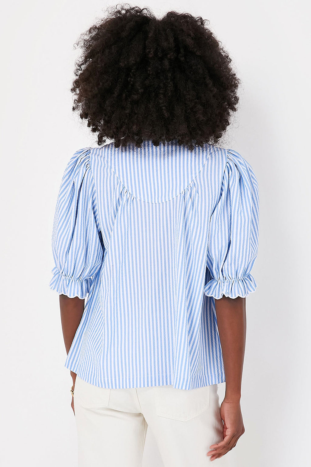Sky Blue Stripe Ruffled Collar Puff Sleeve Half Buttons Blouse - enhanced image 3