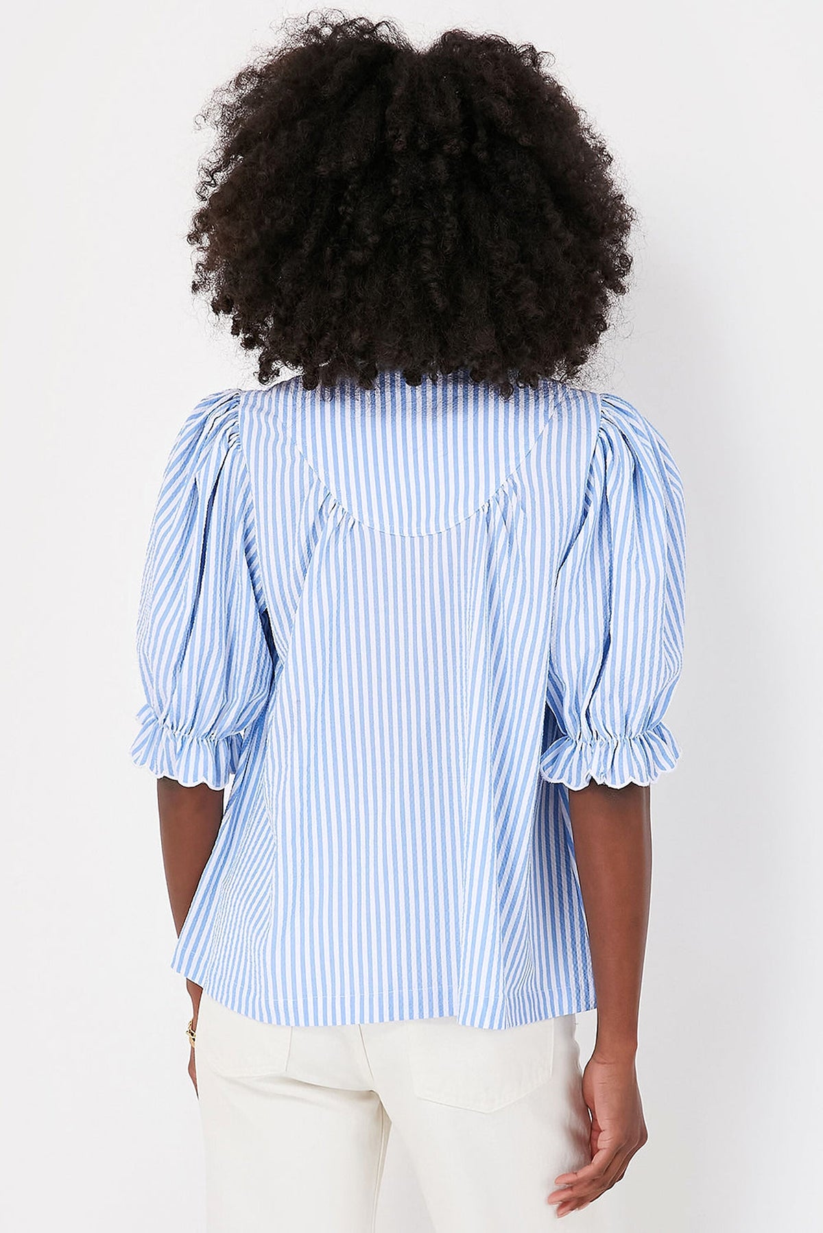 Sky Blue Stripe Ruffled Collar Puff Sleeve Half Buttons Blouse - enhanced image 3