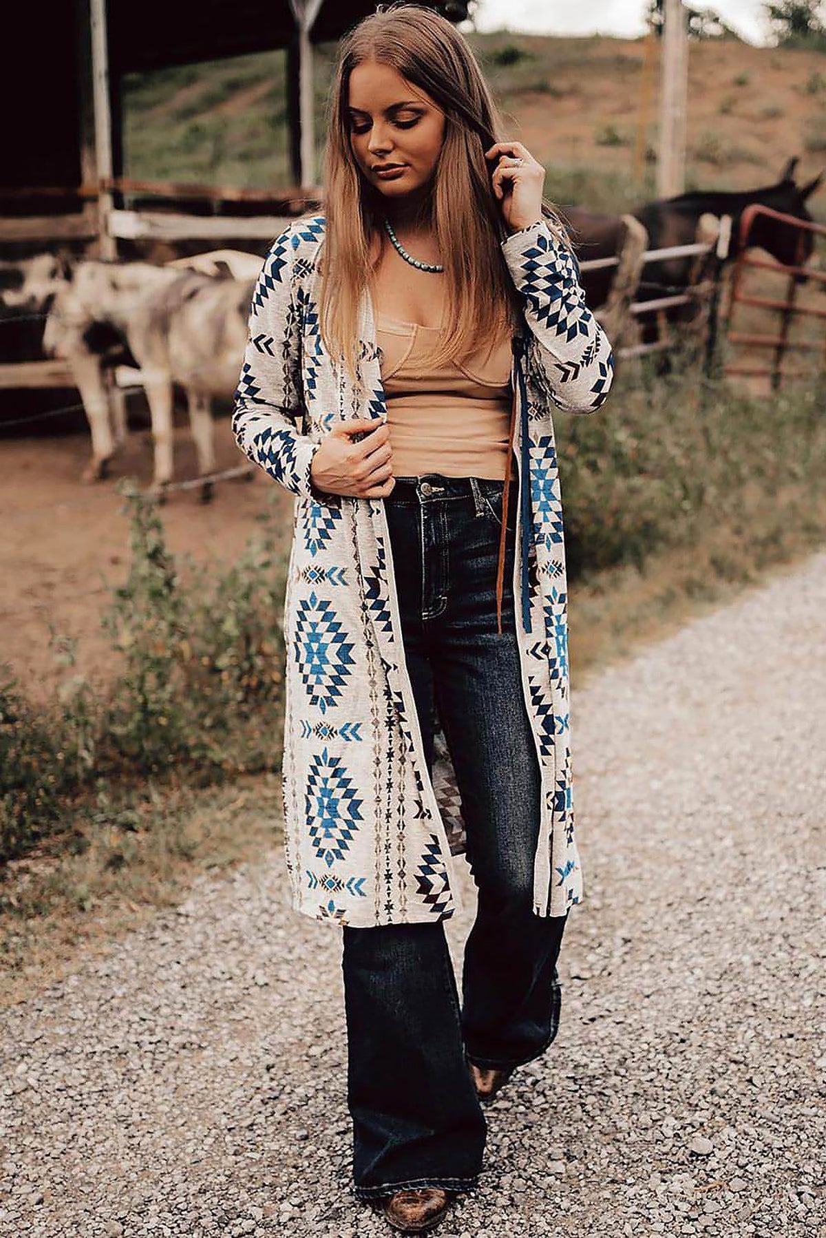 Sky Blue Western Aztec Printed Open Front Long Cardigan - enhanced image 3