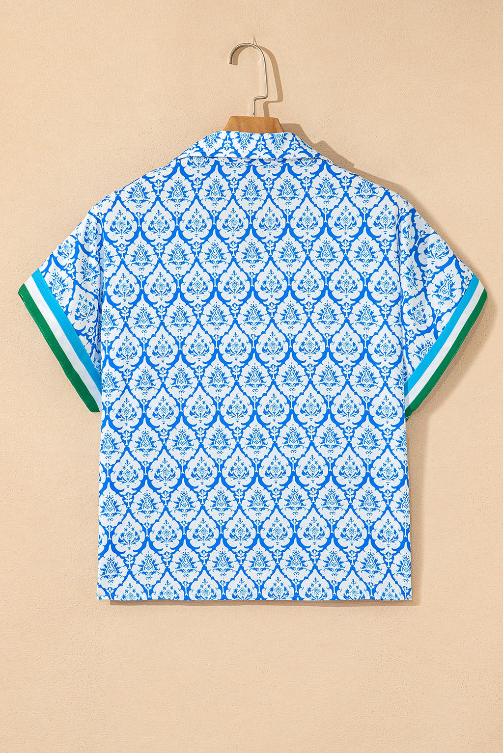Sky Blue Western Print Zipped Collar Short Sleeve Summer Blouse Top - enhanced image 3