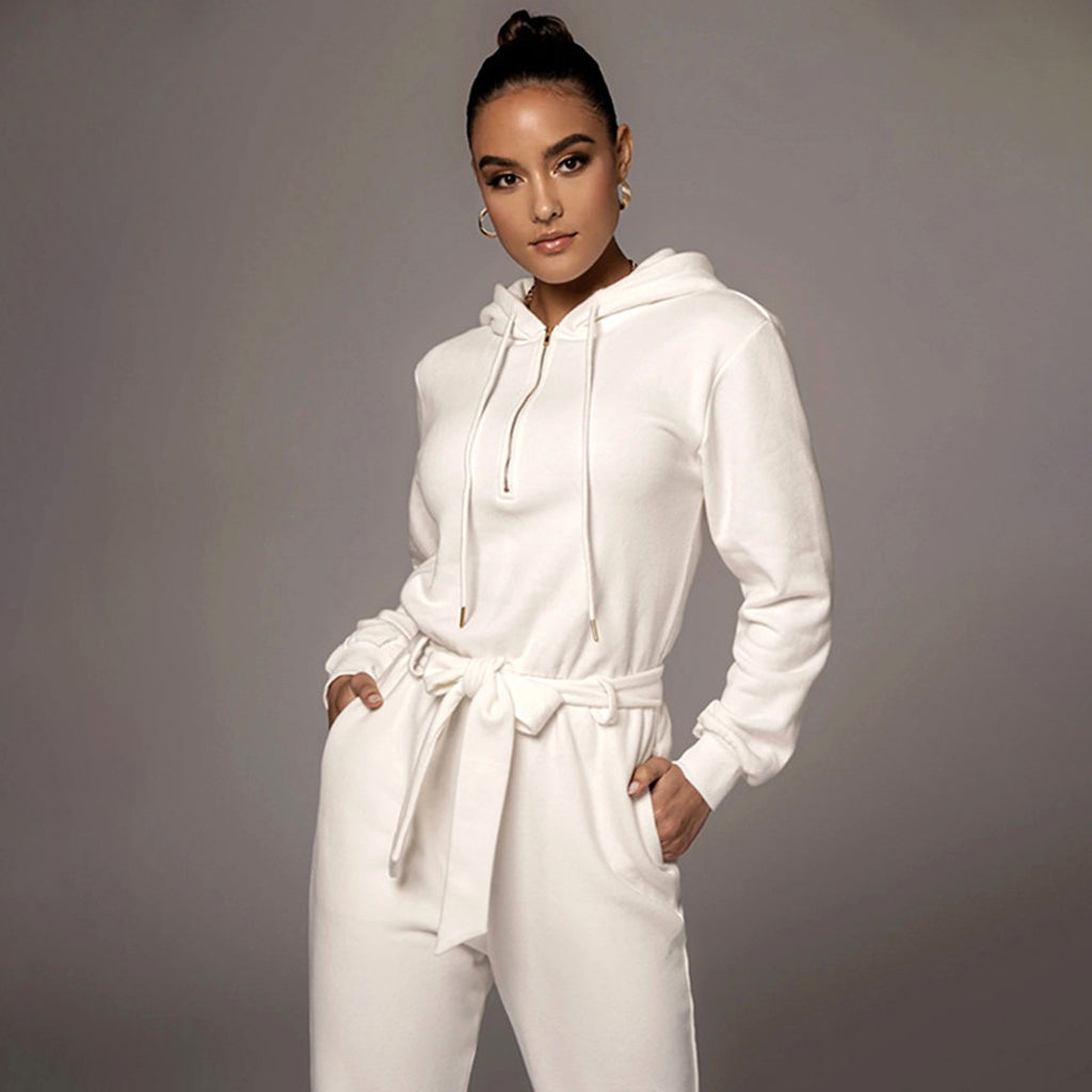 Slim-fit Long Sleeve Solid Color Hooded Half-open Collar Urban Leisure Women's Jumpsuit - enhanced image 3