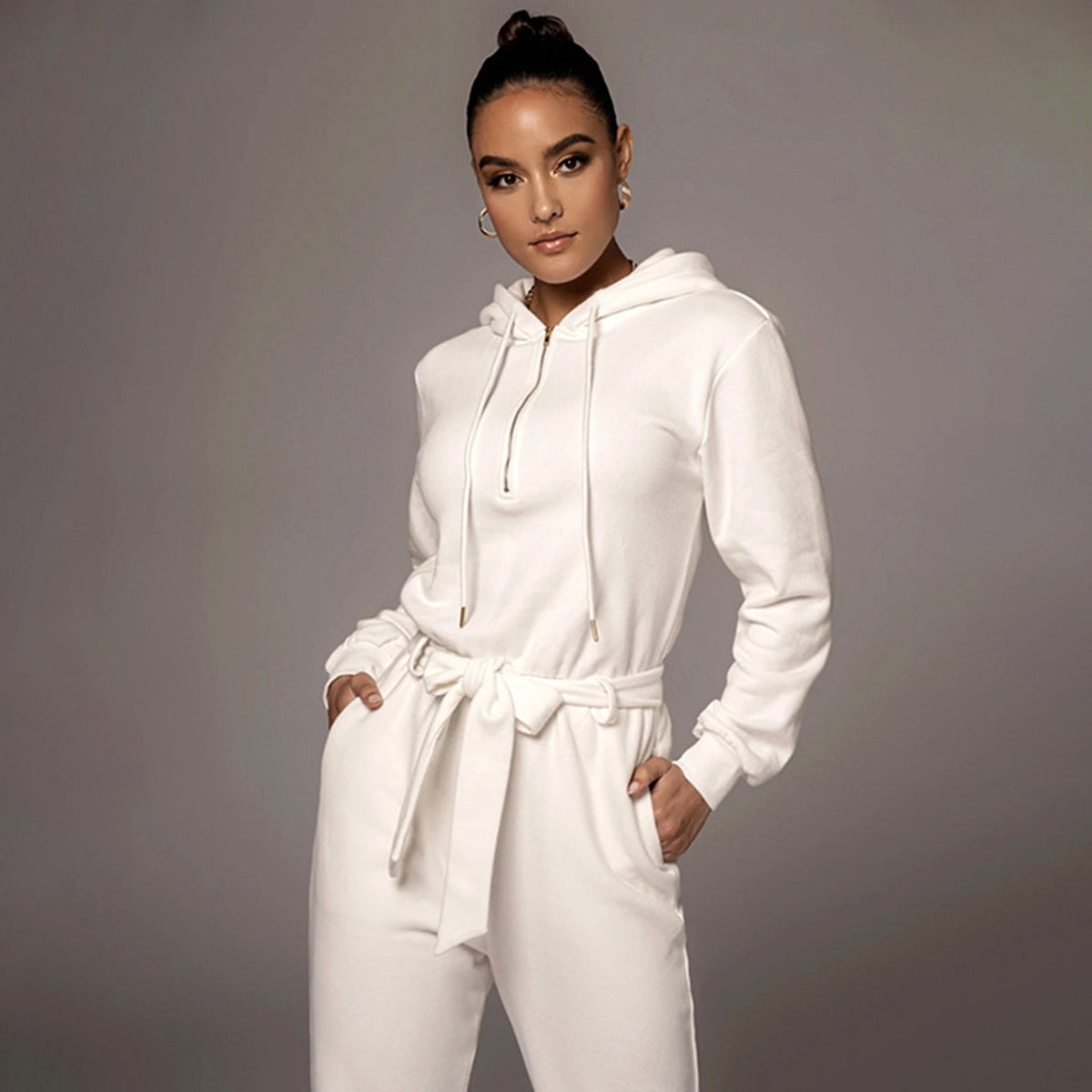 Slim-fit Long Sleeve Solid Color Hooded Half-open Collar Urban Leisure Women's Jumpsuit - enhanced image 3