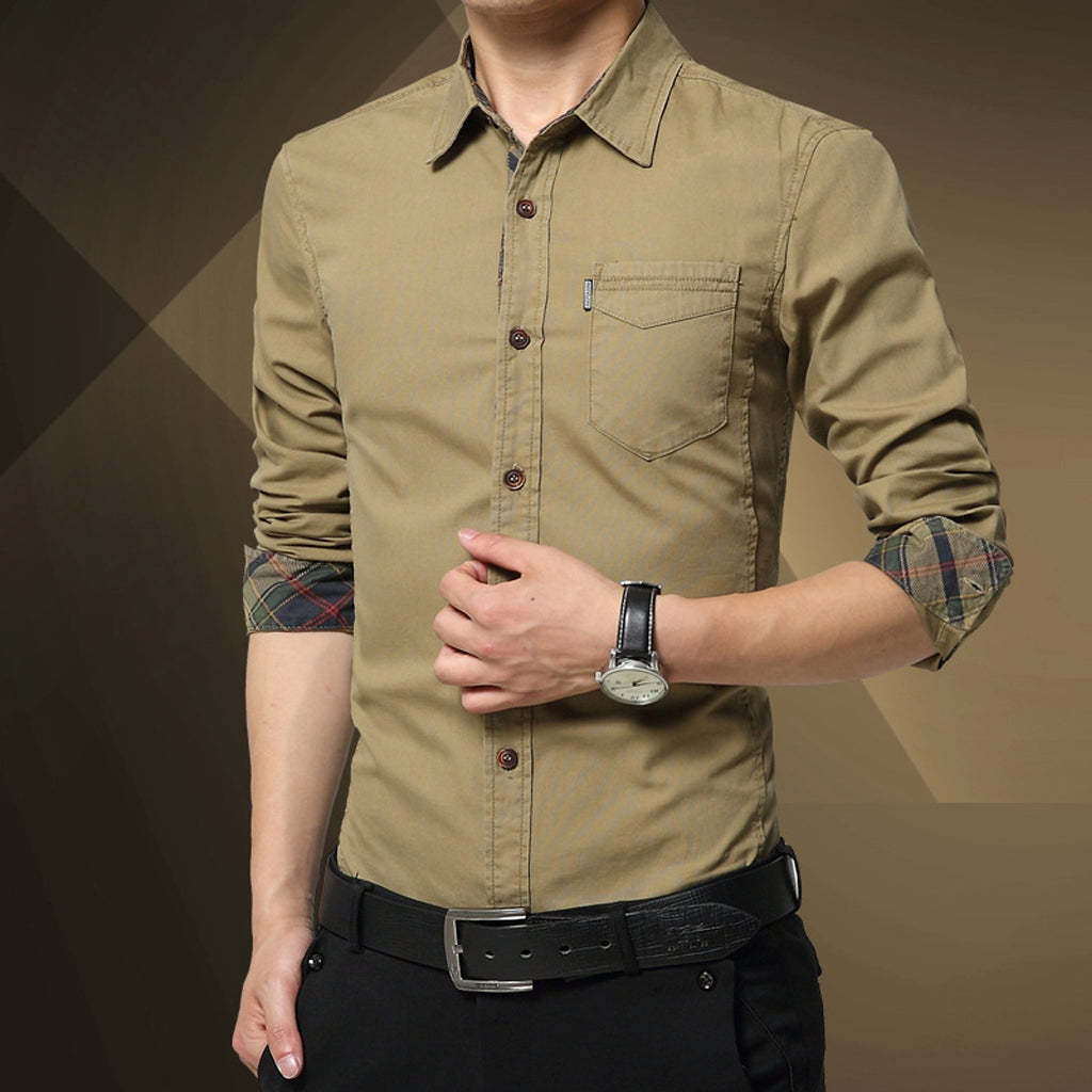Solid Color Men's Military Dress Shirt Style Slim Fit - enhanced image 3
