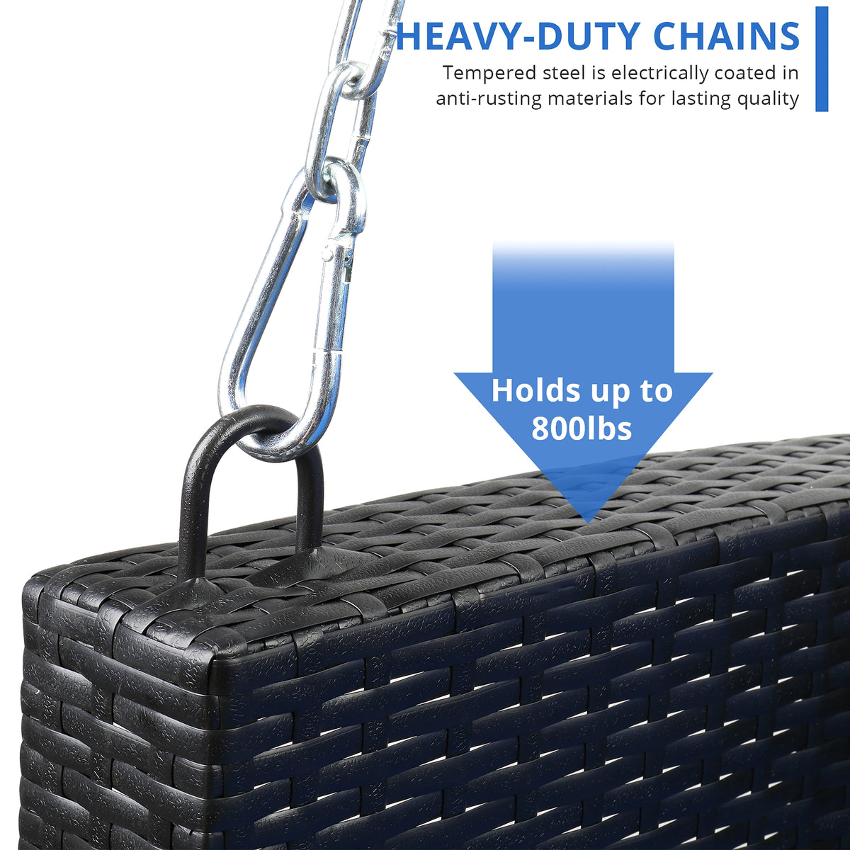 SolunaSwing™ – 4ft Black Rattan Hanging Chair with Blue Cushions - enhanced image 3