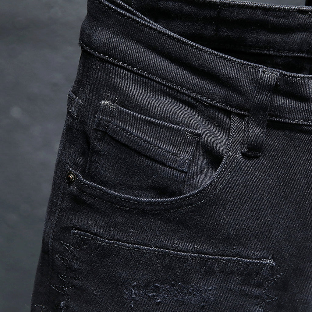 Spring And Summer New Jeans Pure Black Ripped Stretch Jeans Men Black Jeans Men - enhanced image 3
