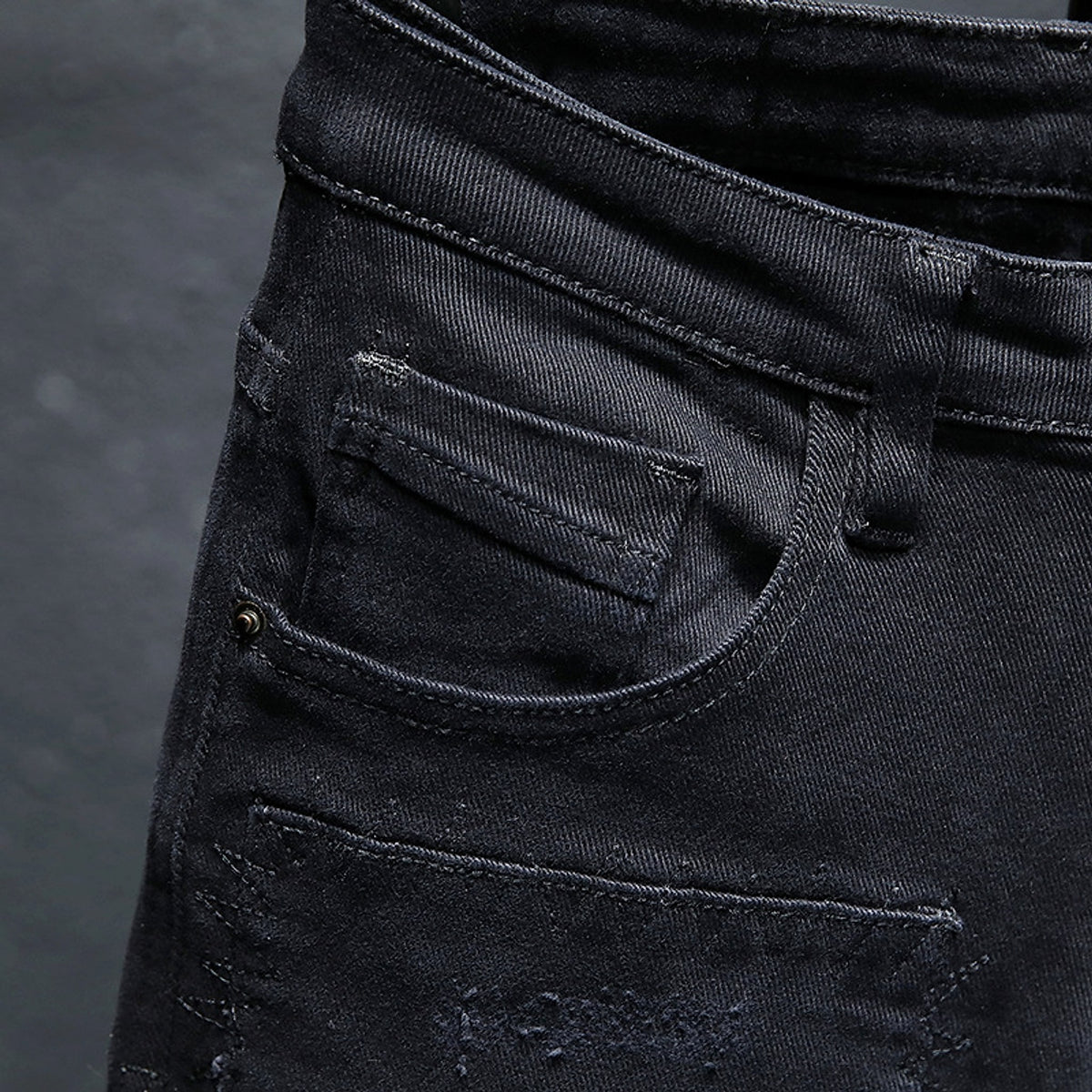 Spring And Summer New Jeans Pure Black Ripped Stretch Jeans Men Black Jeans Men - enhanced image 3