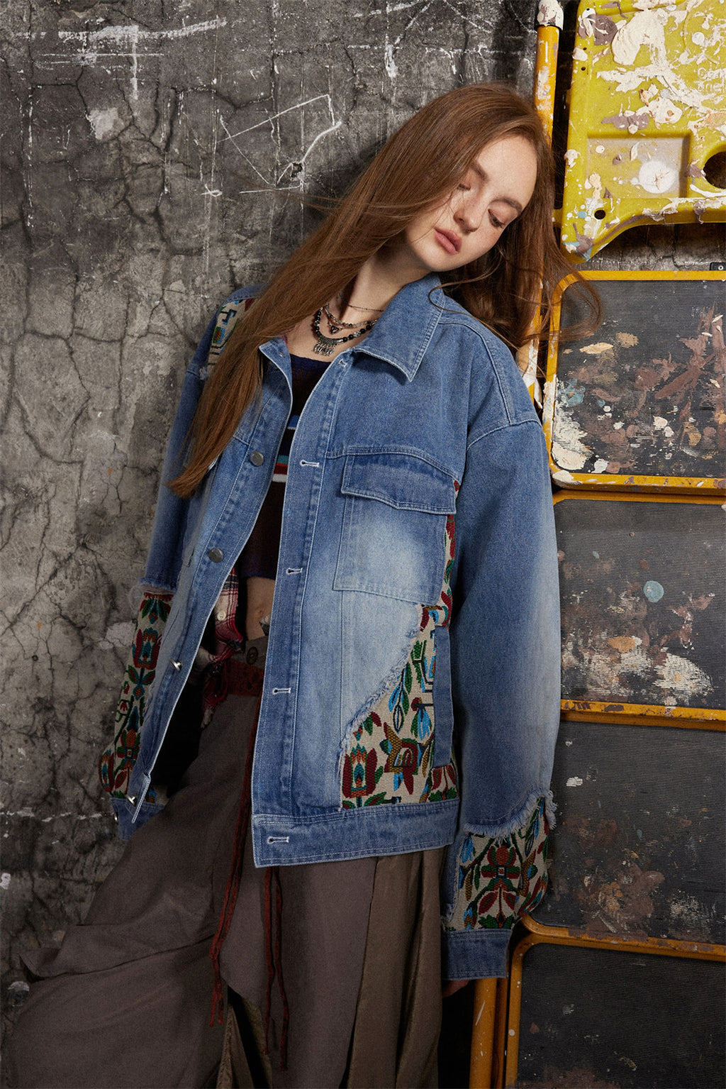 1. Stitching Embroidery Frayed Hem Denim Jacket Women - enhanced image 3