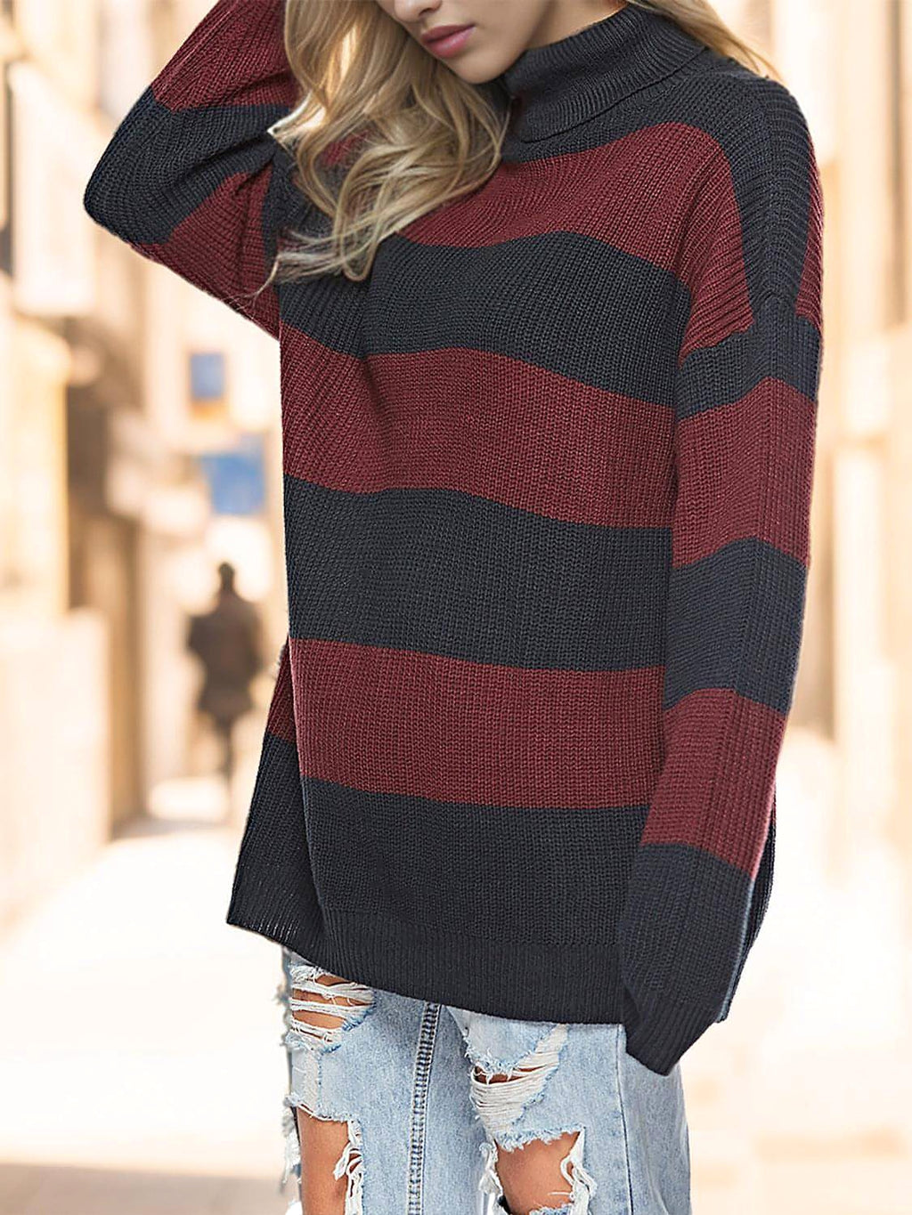 Striped Turtleneck Long Sleeve Sweater - enhanced image 3
