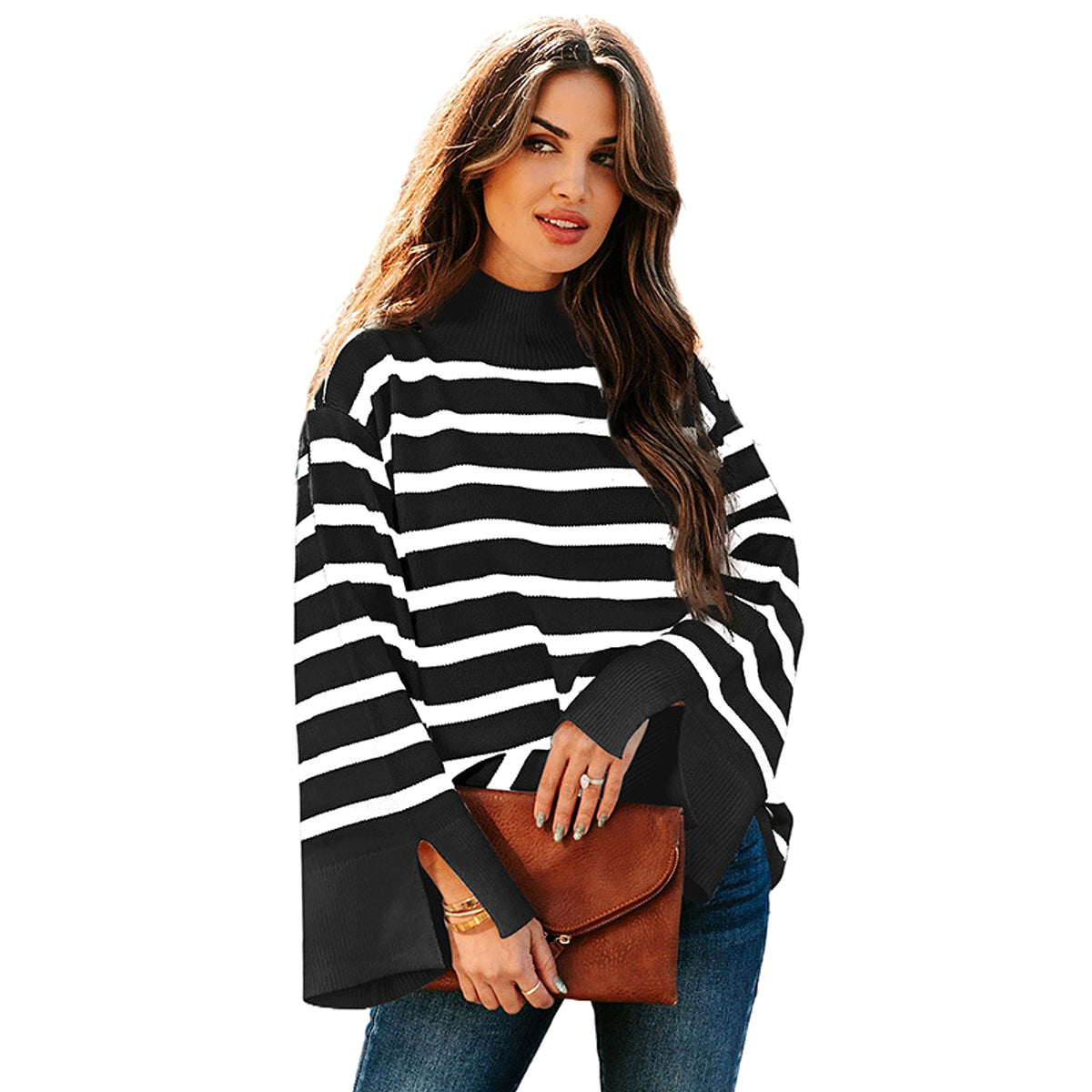 Striped Turtleneck Sweater Women's Cuffs - enhanced image 3