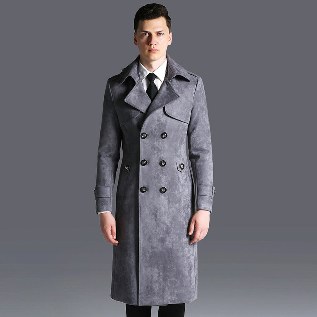 Suede Men's Solid Color Trench Coat - enhanced image 3