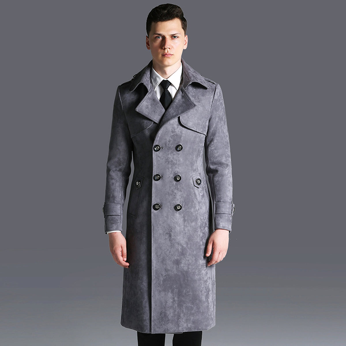 Suede Men's Solid Color Trench Coat - enhanced image 3