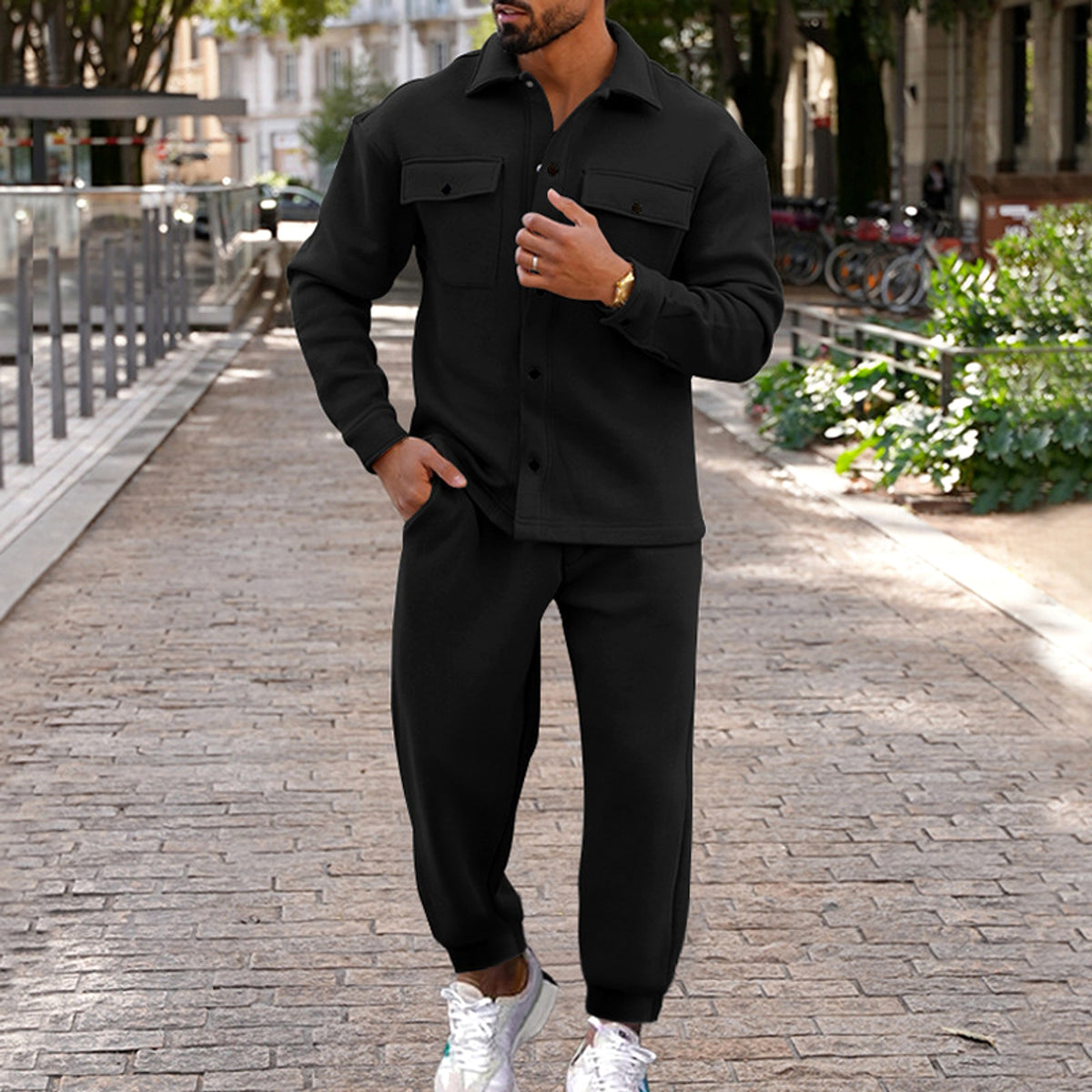 A Suede Single-breasted Solid Color Slim Fit Two-piece Suit Men (Tracksuit) - enhanced image 3