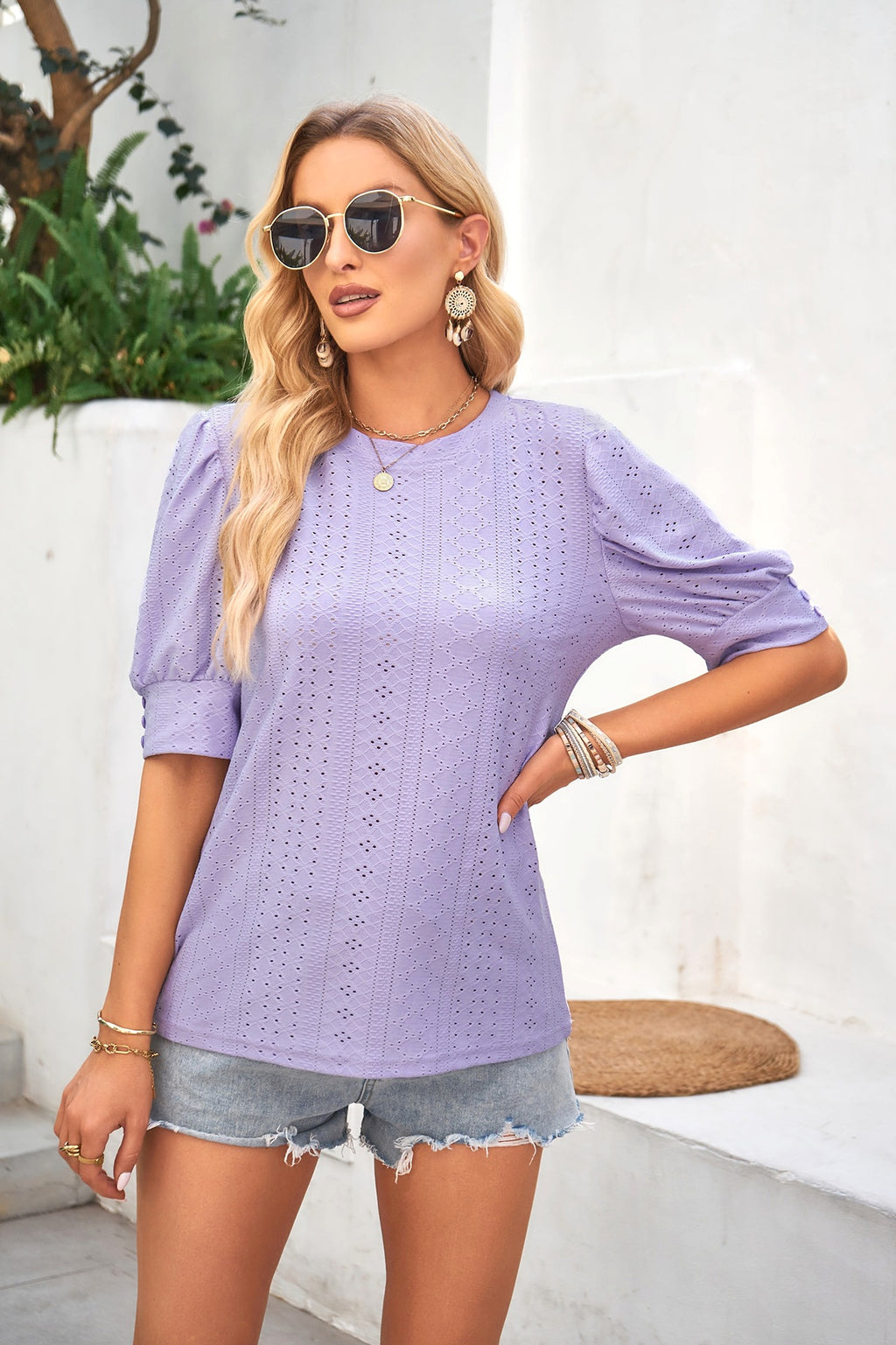Summer Round Neck Hole Hollow-out Button Short-sleeved Casual T-Shirt - enhanced image 3