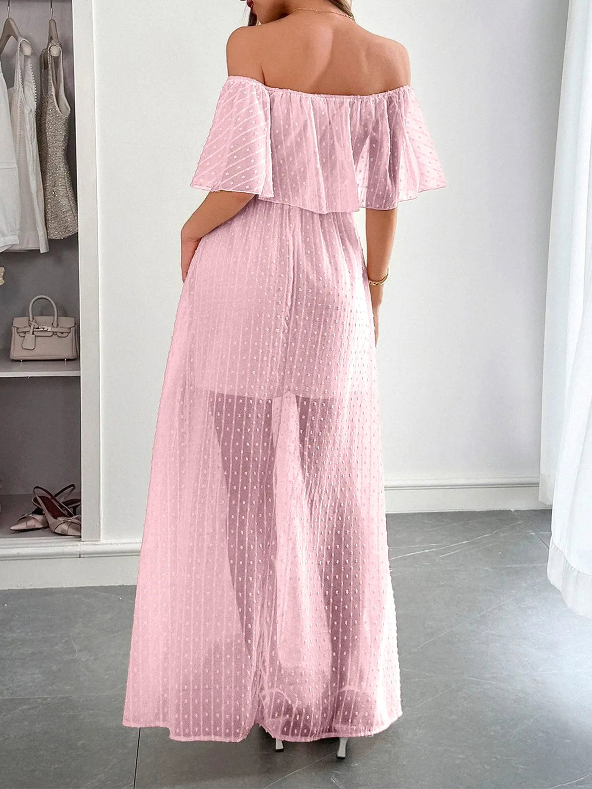 Swiss Dot Off Shoulder Maxi Dress - enhanced image 3
