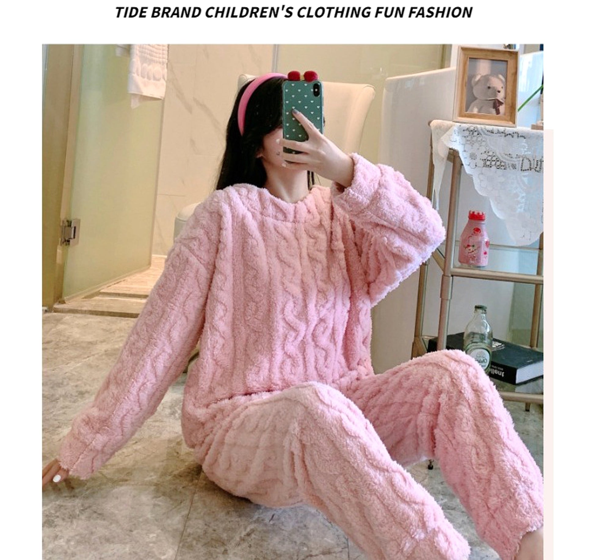 Thick Fleece Pajamas Women's Thermal Round-neck Flannel Homewear Suit - enhanced image 3