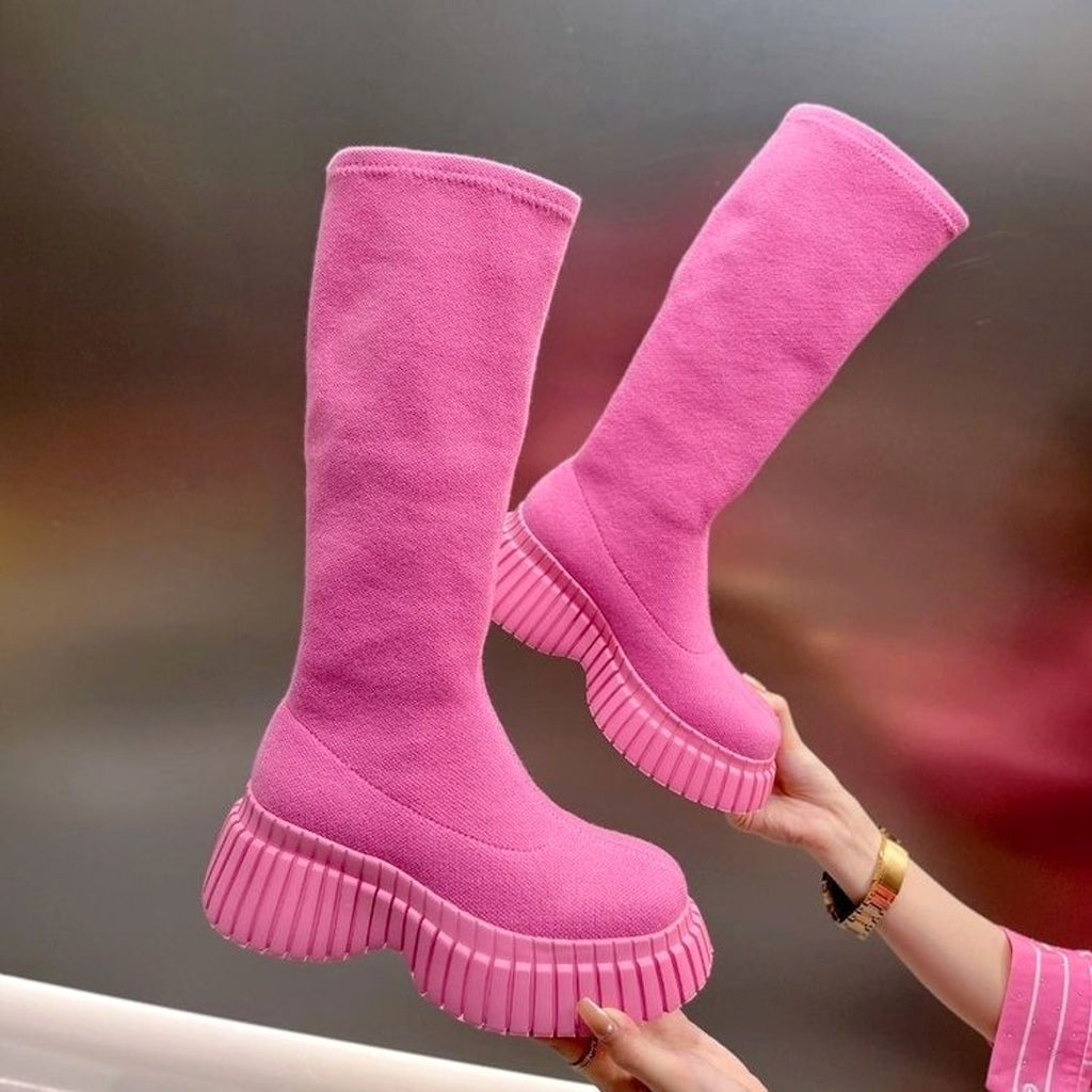 Thick Sole Long Boots Solid Color New Fashion Trendy Fly-woven Elastic Shoes Women's Winter FootwearHigh Boots - enhanced image 3