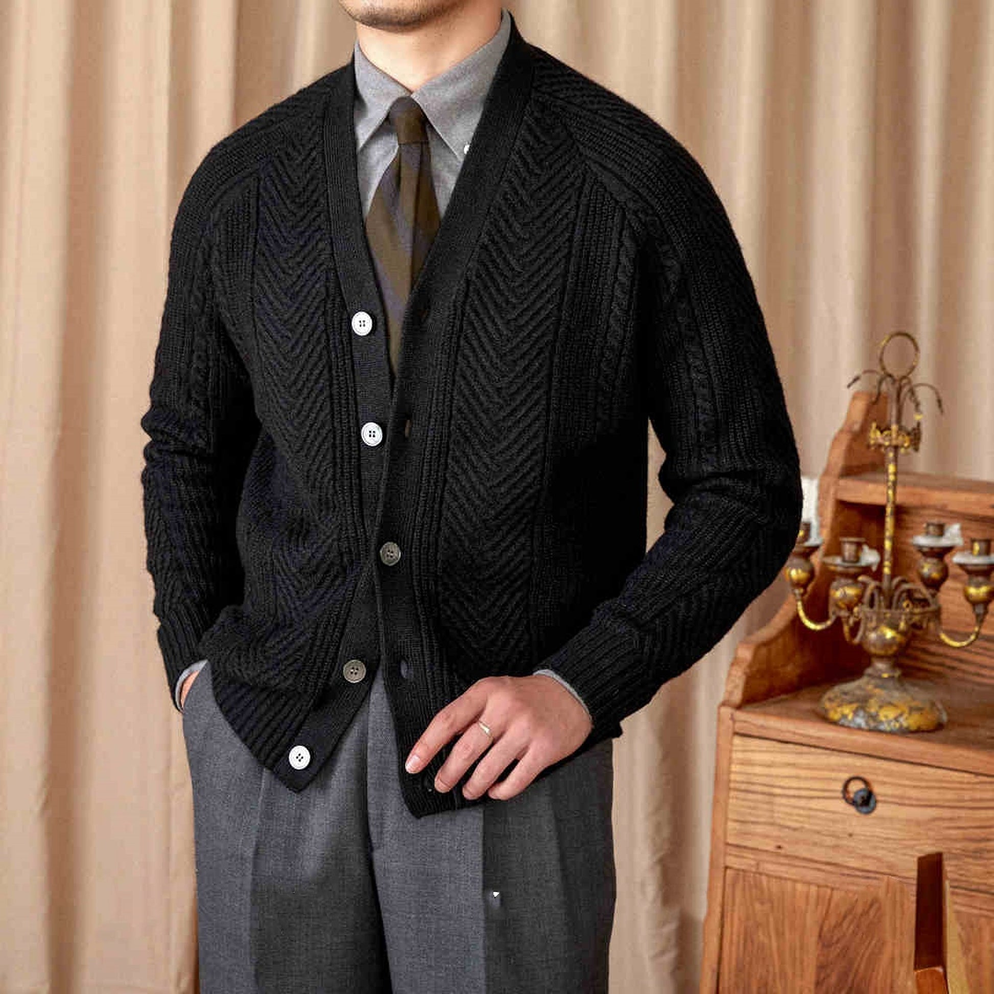 V-neck Solid Color Jacquard Knitted Cardigan Sweater Coat - enhanced image 3
