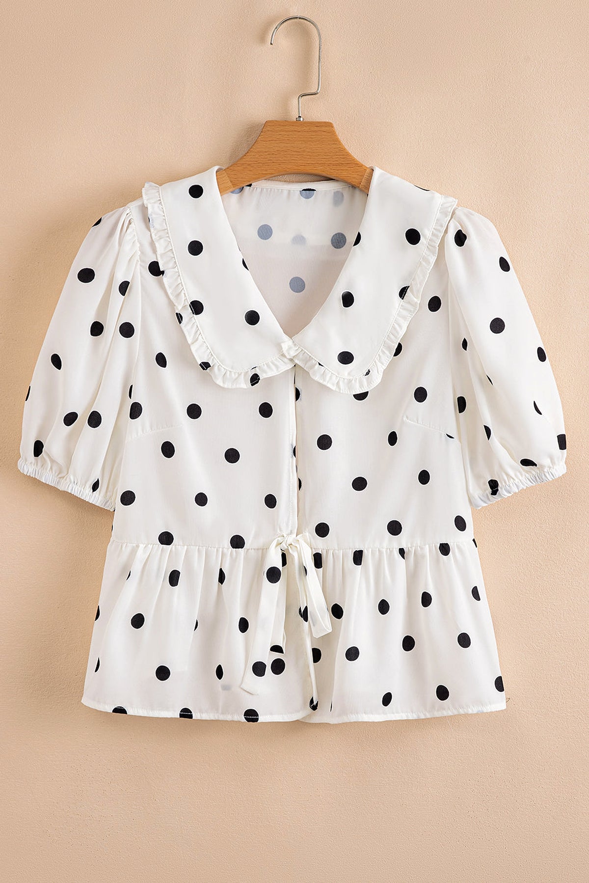 White Polka Dot Collared Lace up Font Puff Sleeve Peplum Top - enhanced image 3