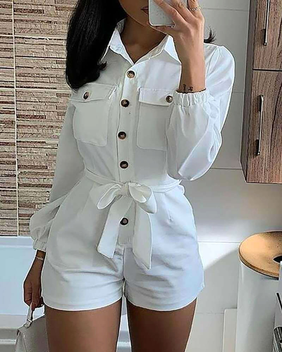 White woven casual jumpsuit - enhanced image 3