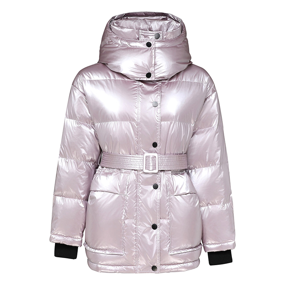 Winter Jacket Thick Mid-length Waist White Duck Down Jackets Slim Belt Silver Shiny Parka Women Coat - enhanced image 3