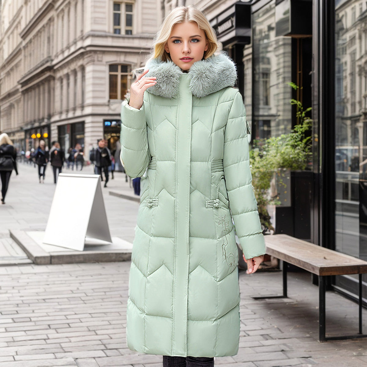 Winter Long Coat With Thickened Fur Collar Straight Slim Cotton-padded Jacket Women - enhanced image 3