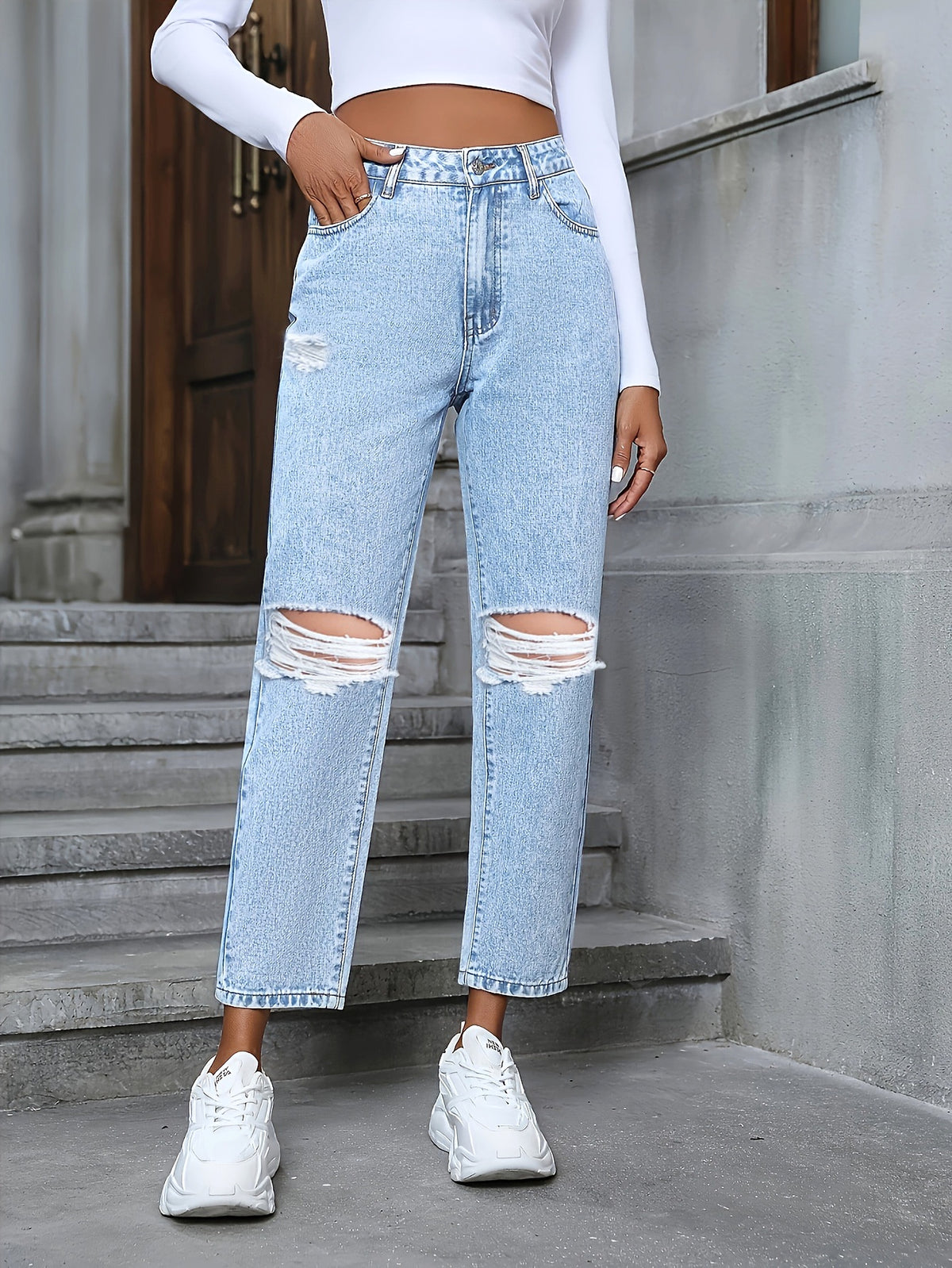 Women's Casual Loose Straight Ripped Denim Jeans - enhanced image 3