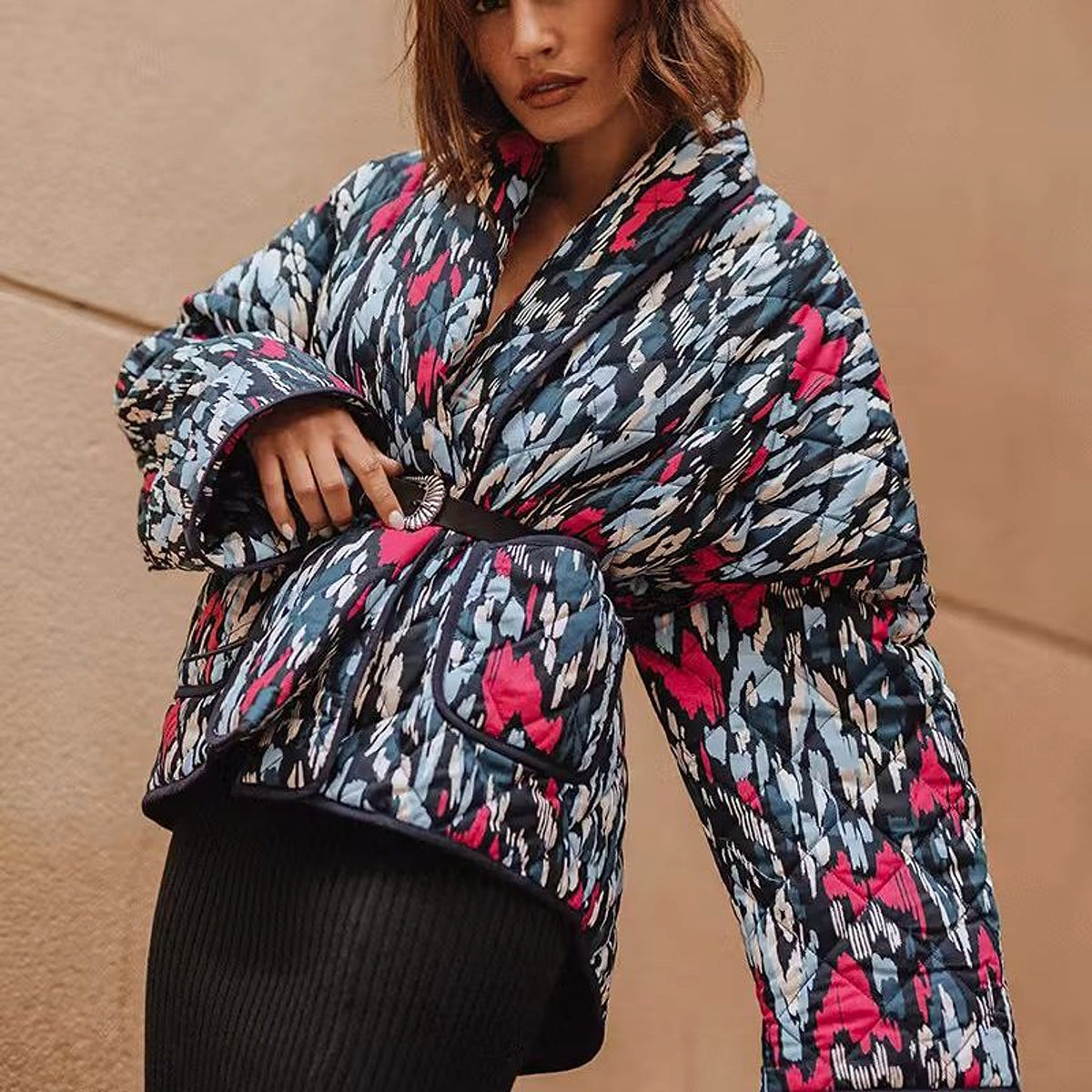 Women's Fashion Temperament Printed Thin Pocket Decorative Cotton-padded Coat Jacket - enhanced image 3