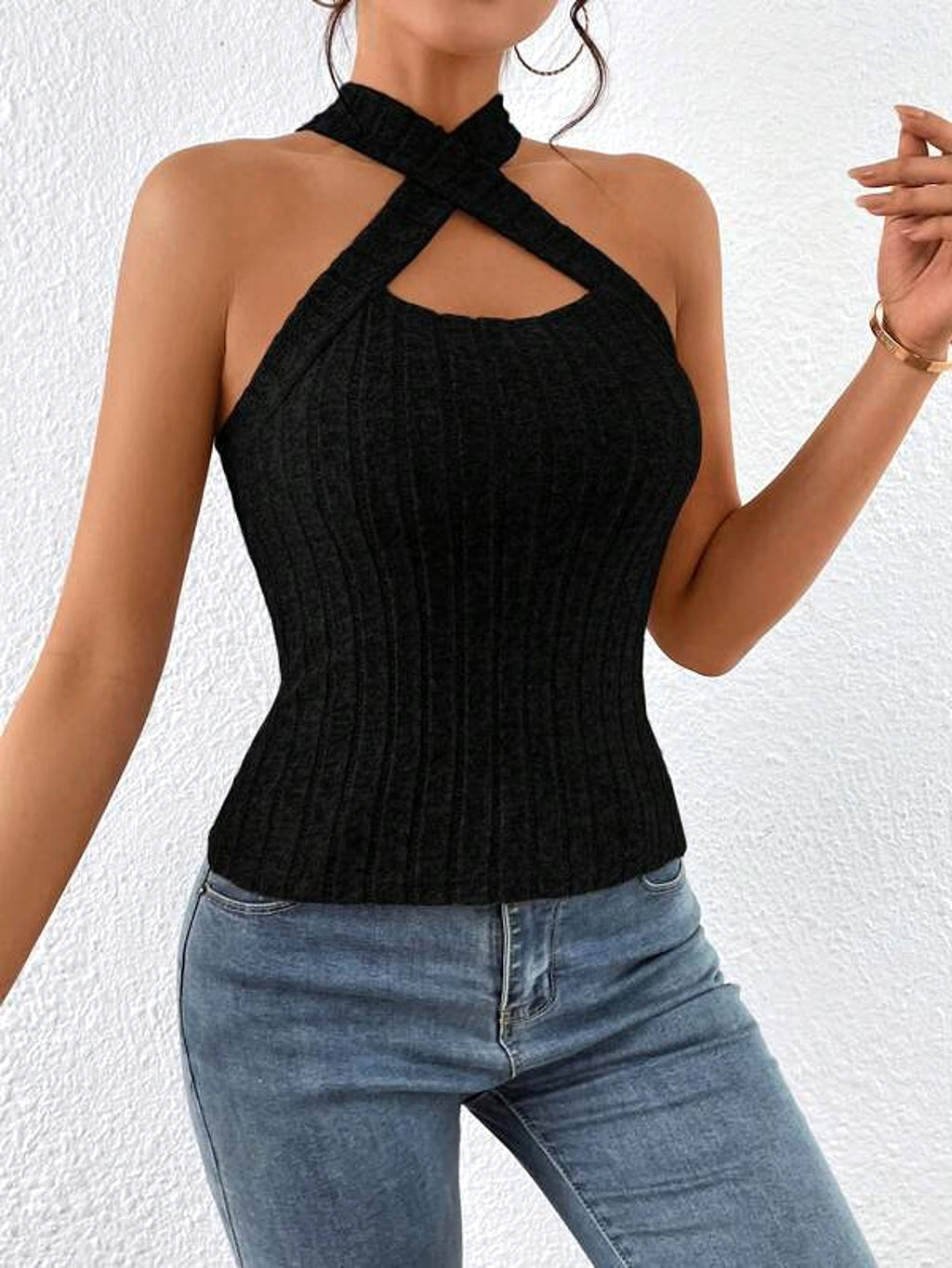 Women's Halter Sleeveless Brushed Knitted Top (T-shirt) - enhanced image 3