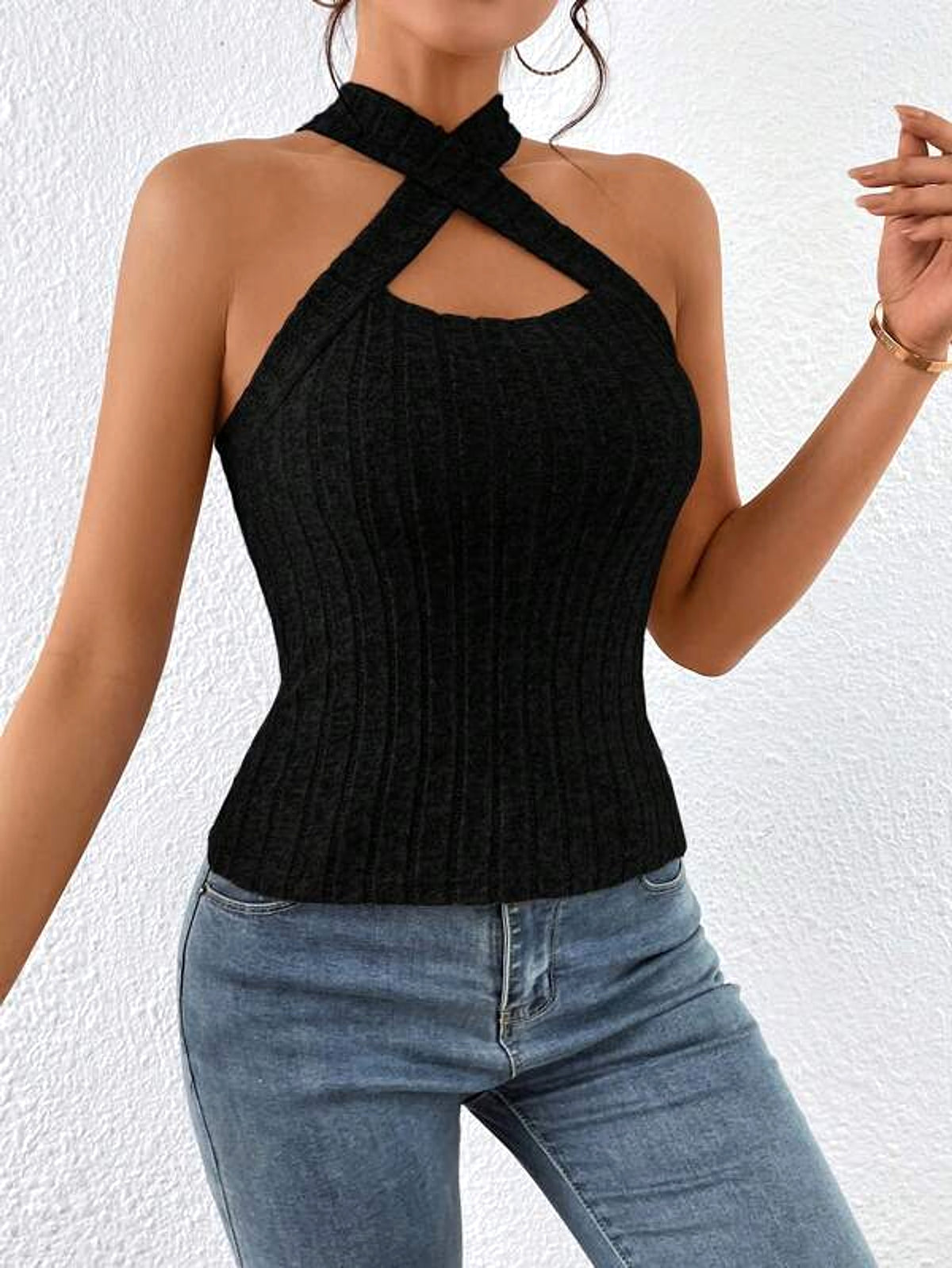 Women's Halter Sleeveless Brushed Knitted Top (T-shirt) - enhanced image 3