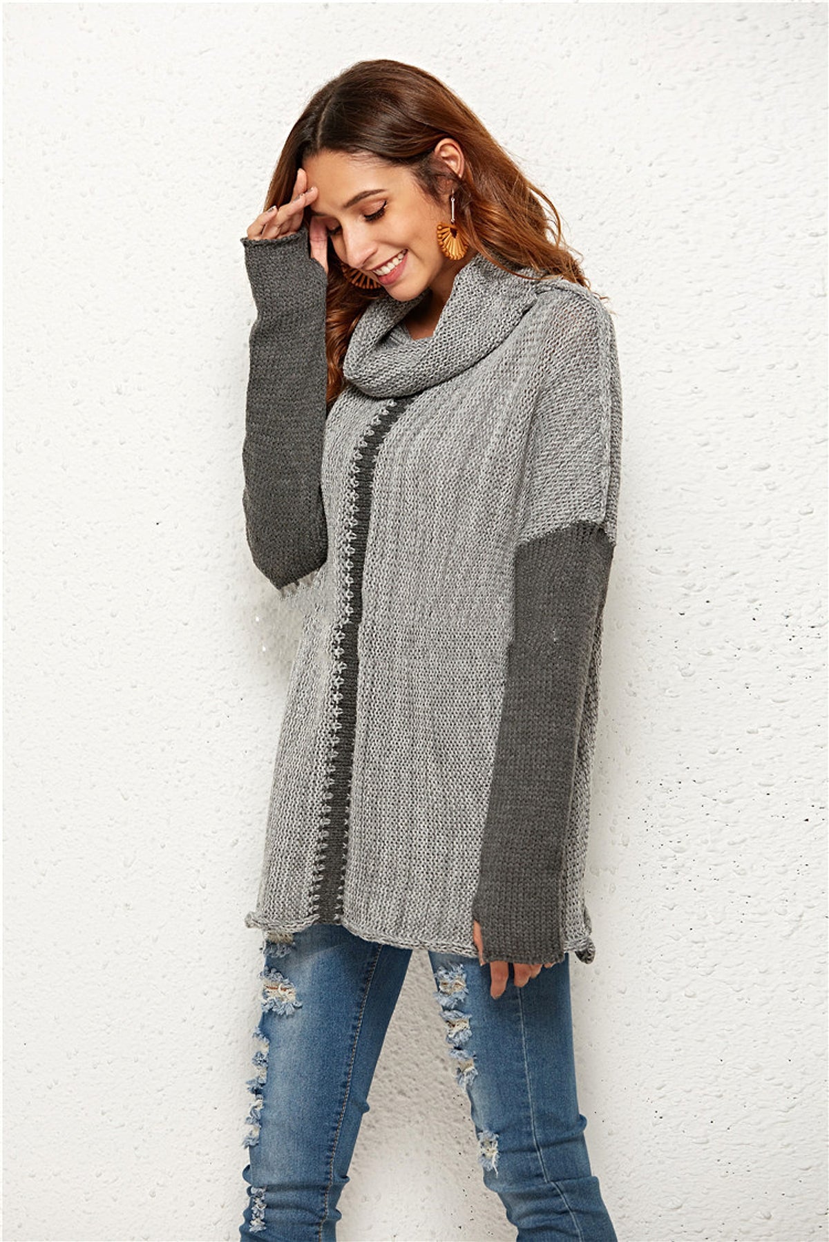 A1. Women's Knitted Pullover Sweater With Holes In Fingers - enhanced image 3