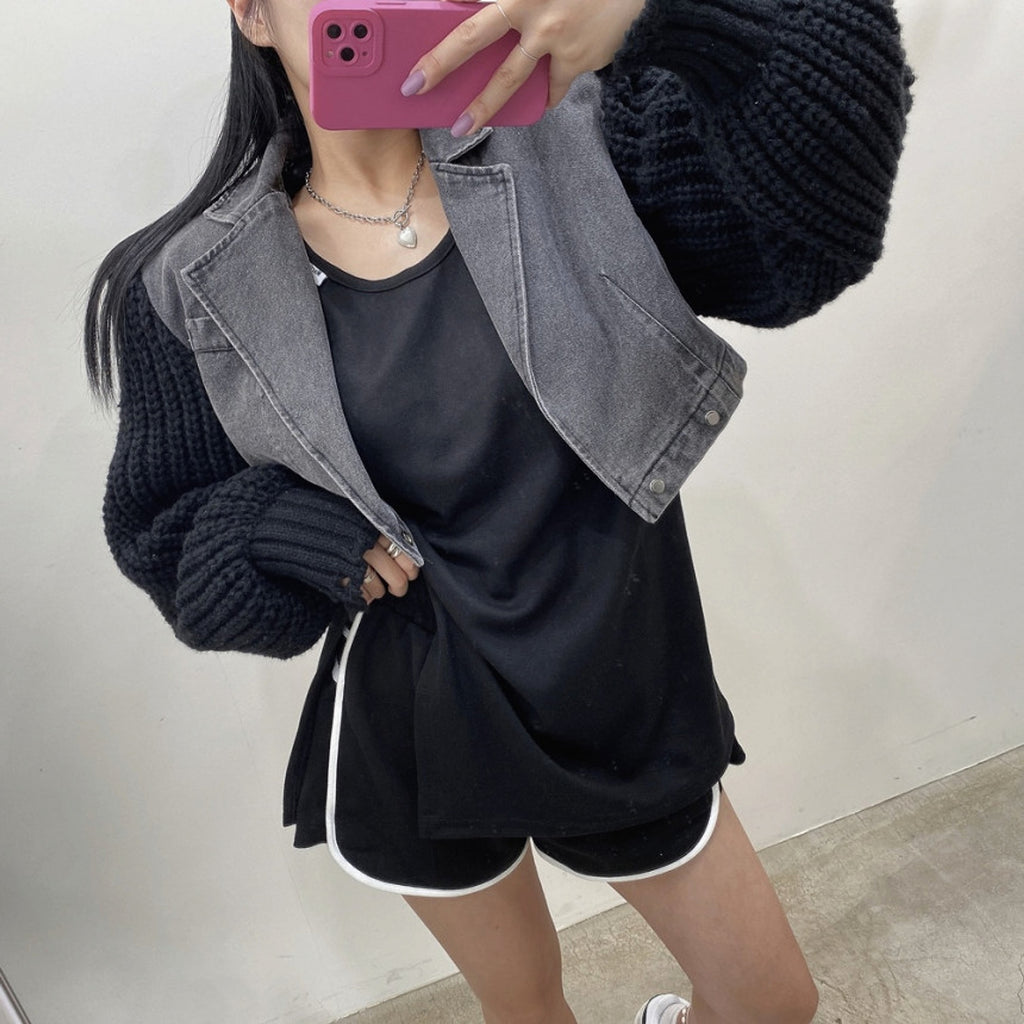 Women's Retro Minority Patchwork Knitting Denim Jacket - enhanced image 3