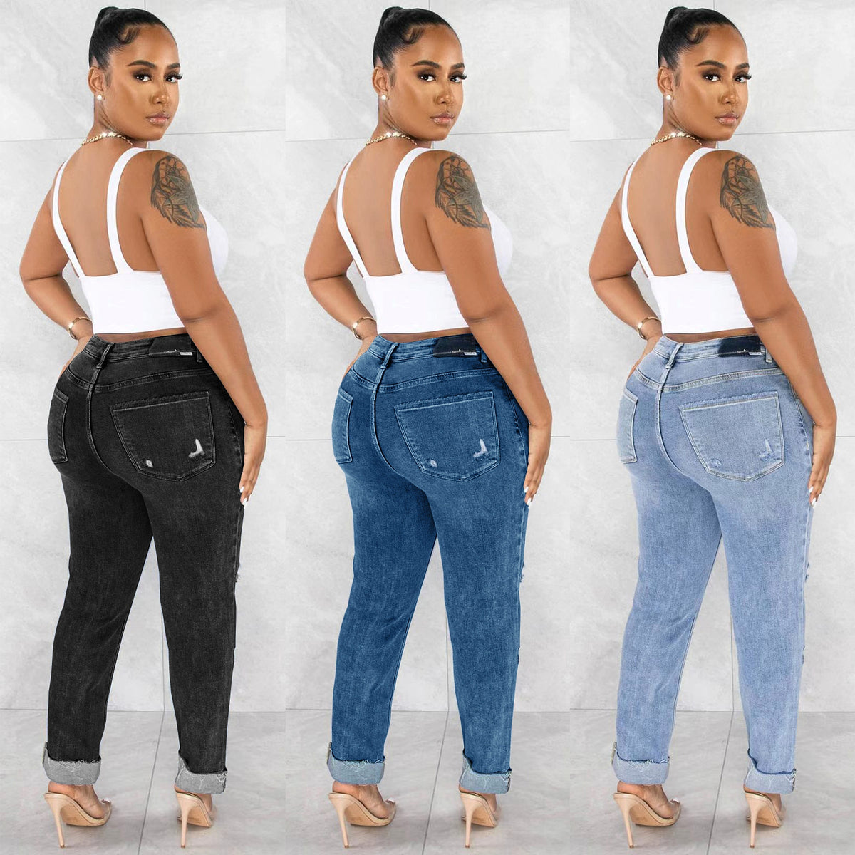 Women's Ripped Diagonal Buckle Stretch Jeans - enhanced image 3
