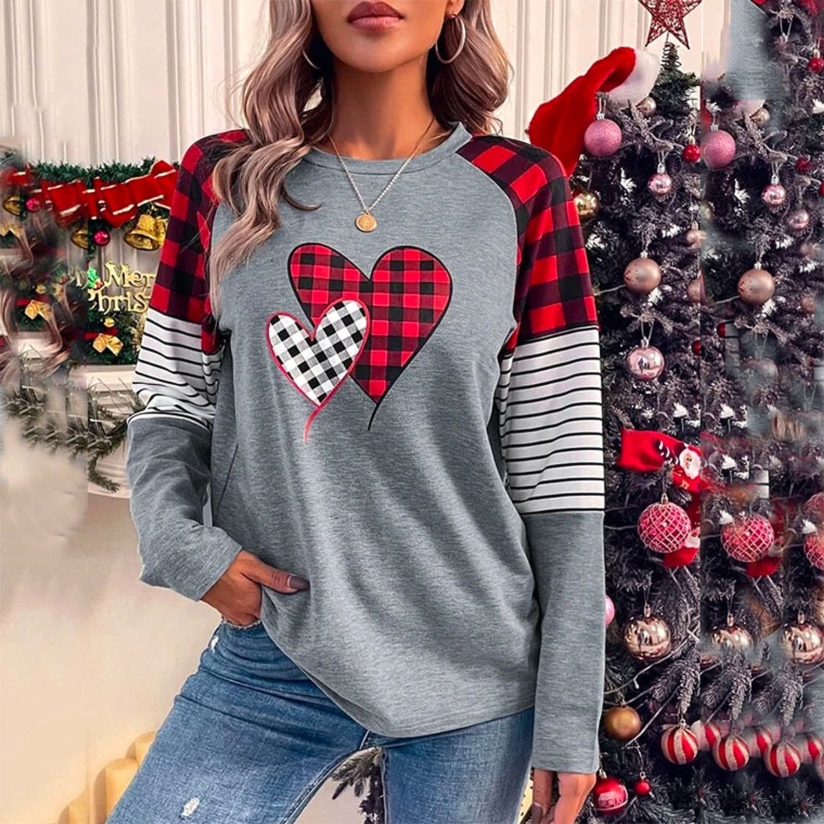 Women's Round Neck Long-sleeved Sweater Women's Plaid - enhanced image 3