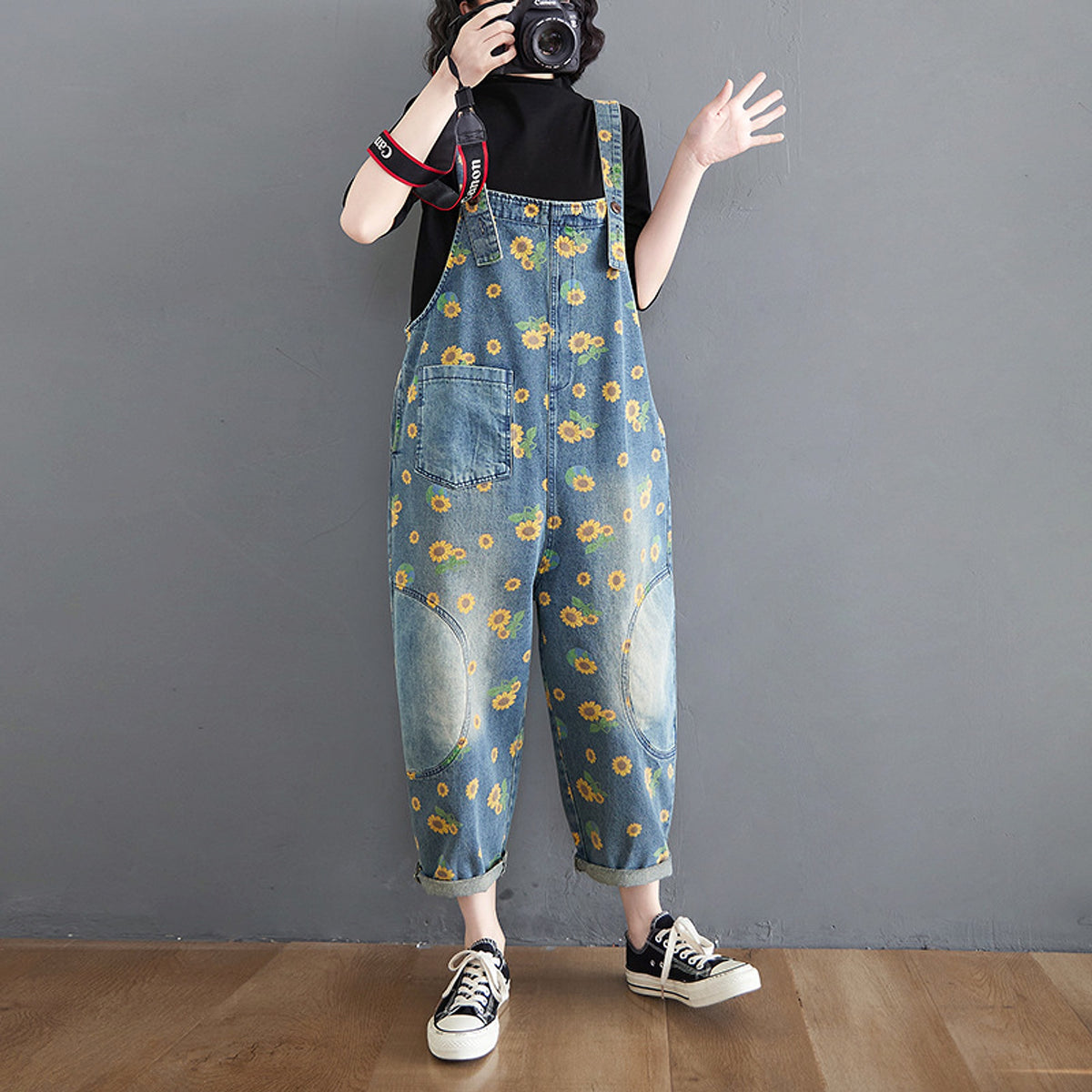 Women's Summer Retro Literary Print Denim Overalls - enhanced image 3