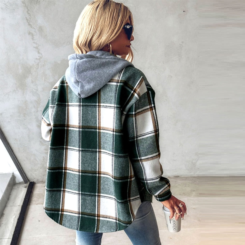 Women's Wear Solid Color Plaid Hooded Jacket - enhanced image 3