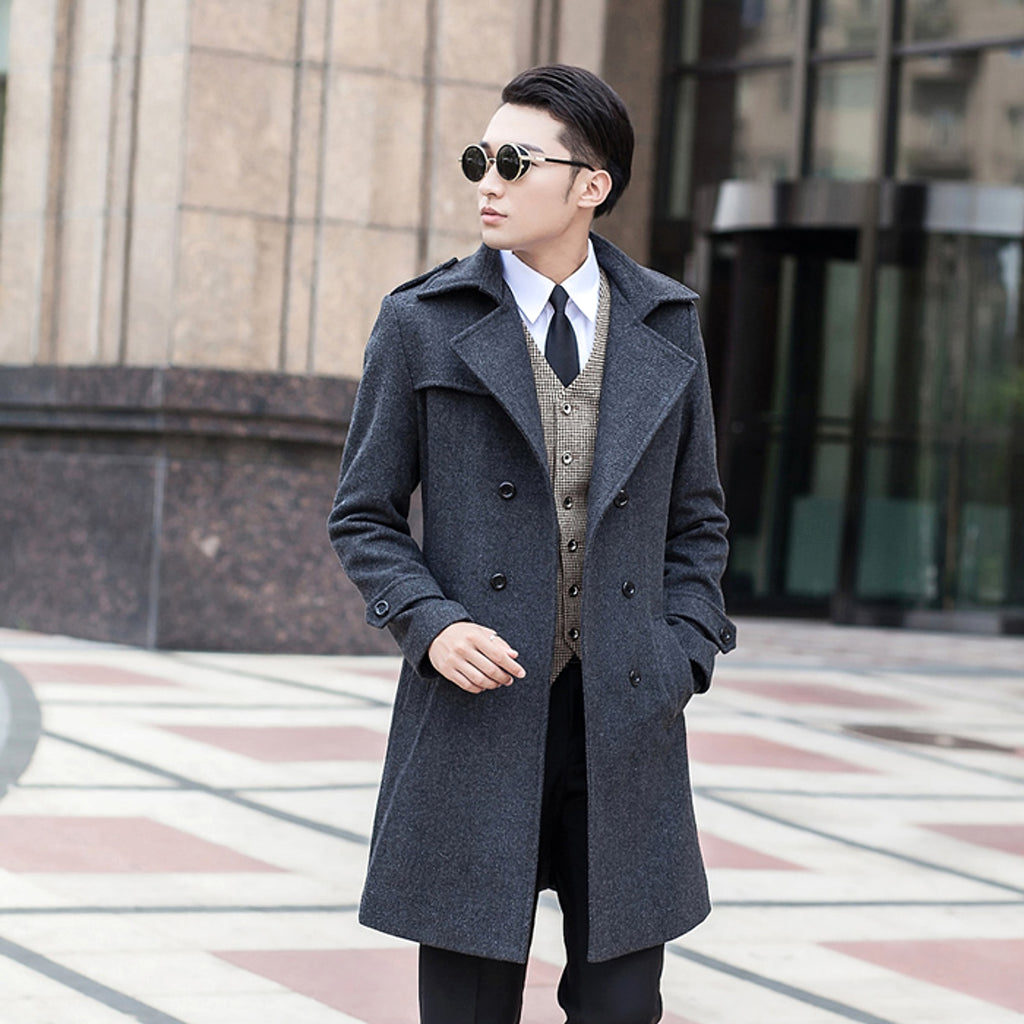 Woolen Striped Double Breasted Trench Coat Men - enhanced image 3