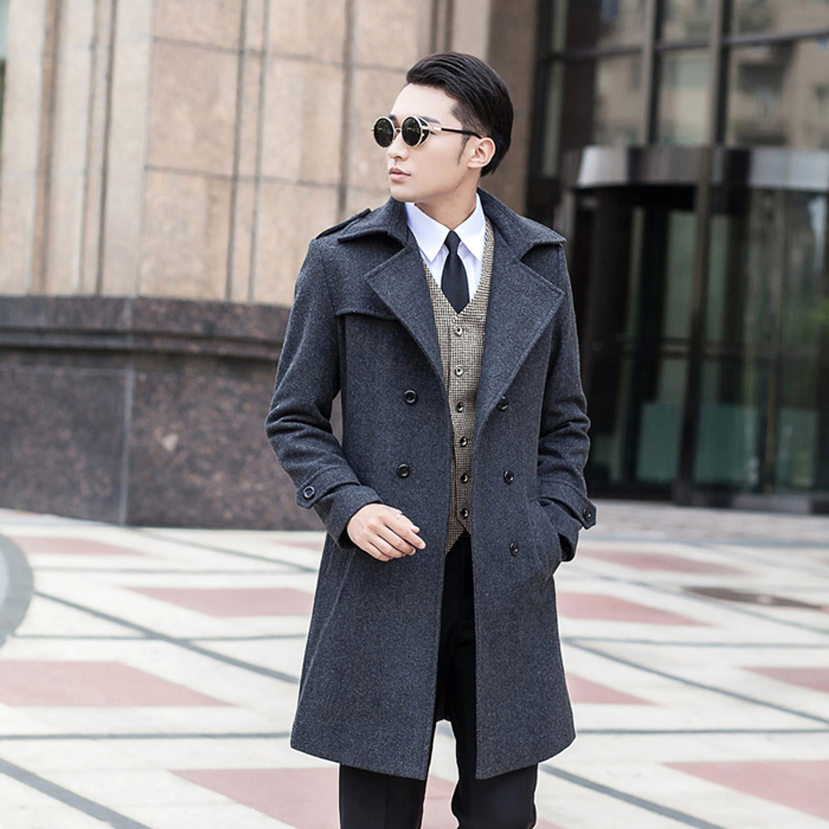 Woolen Striped Double Breasted Trench Coat Men - enhanced image 3